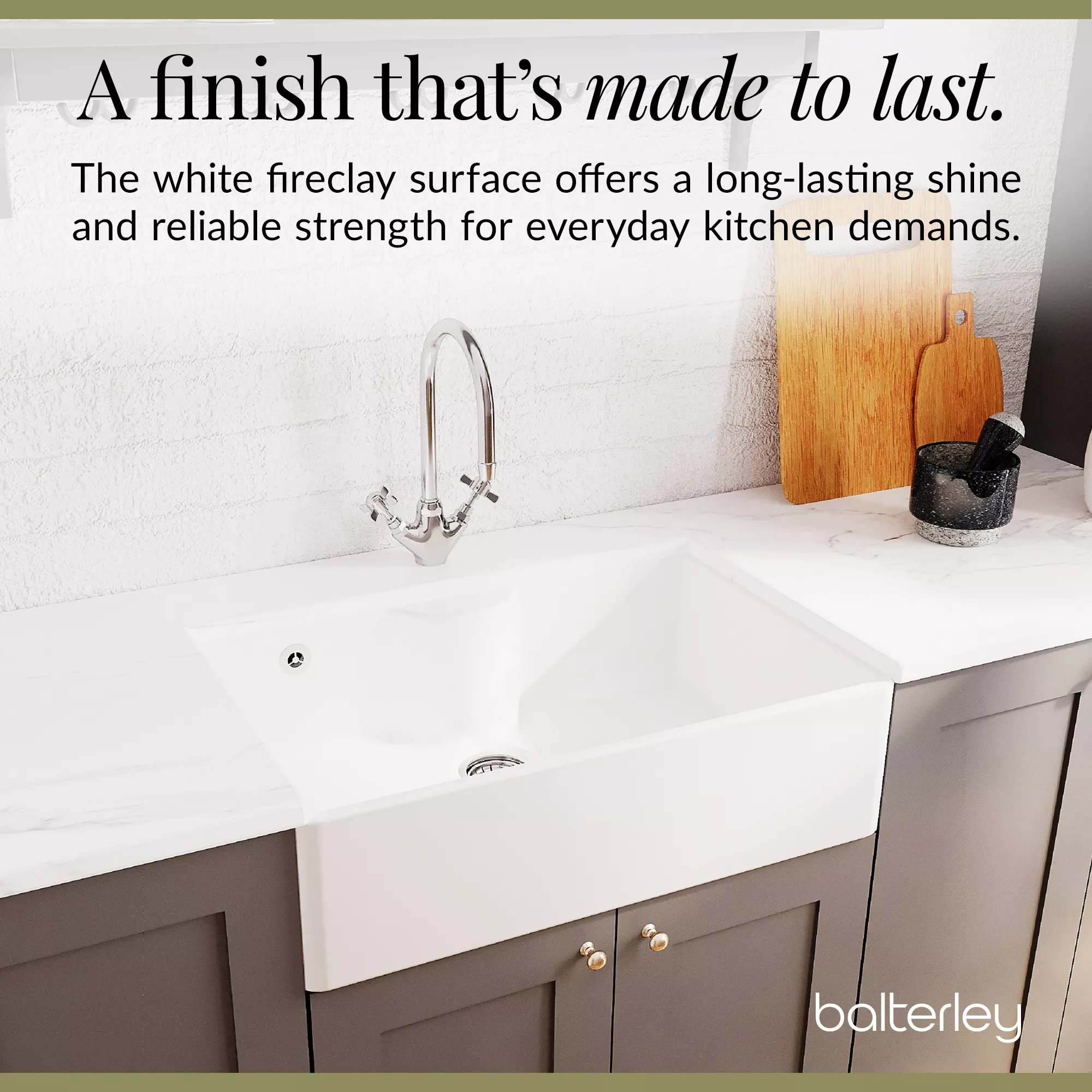 Single Bowl Fireclay Ceramic Butler Kitchen Sink Bundle with Tap Ledge, Tap & Waste - Image 11