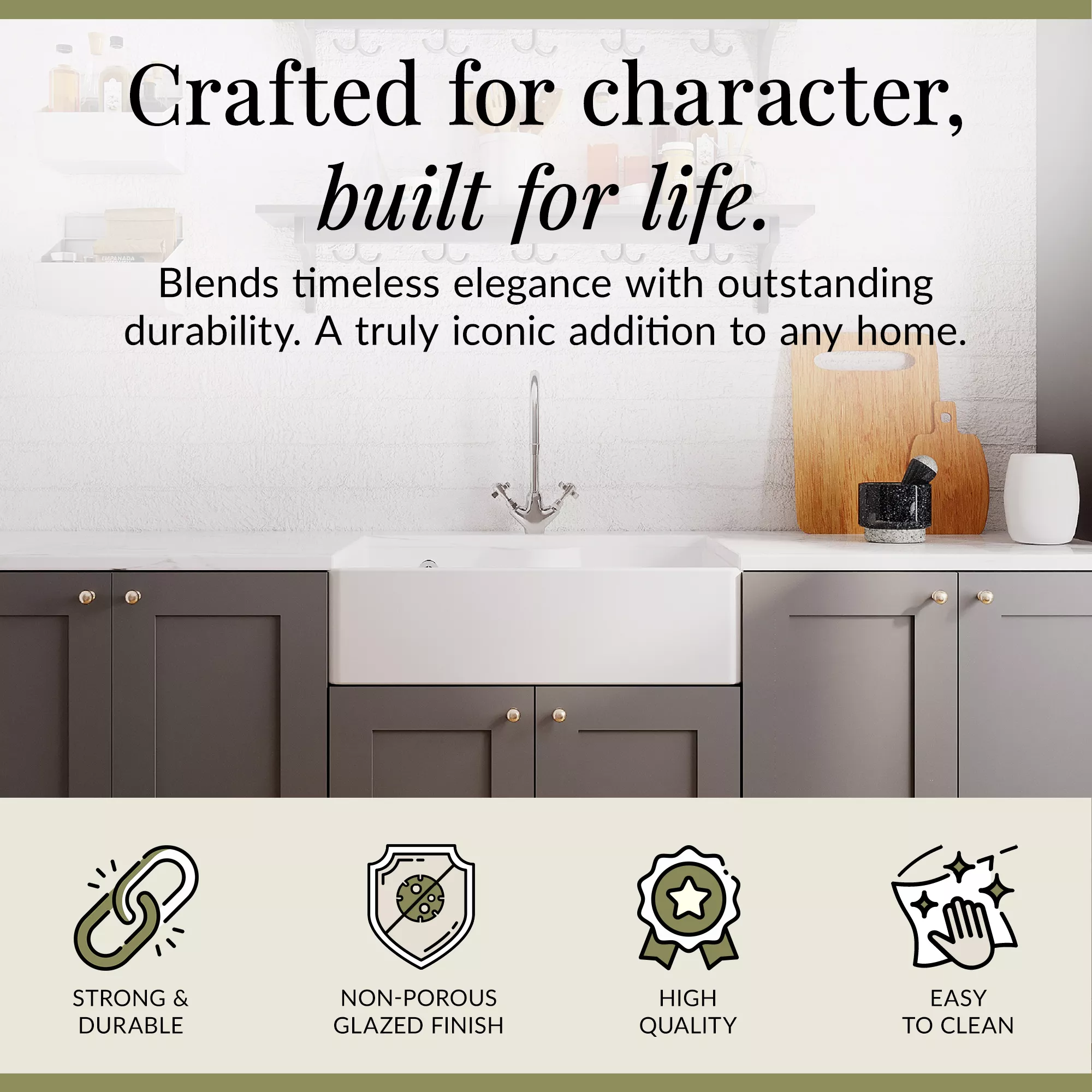 Single Bowl Fireclay Ceramic Butler Kitchen Sink Bundle with Tap Ledge, Tap & Waste - Image 6