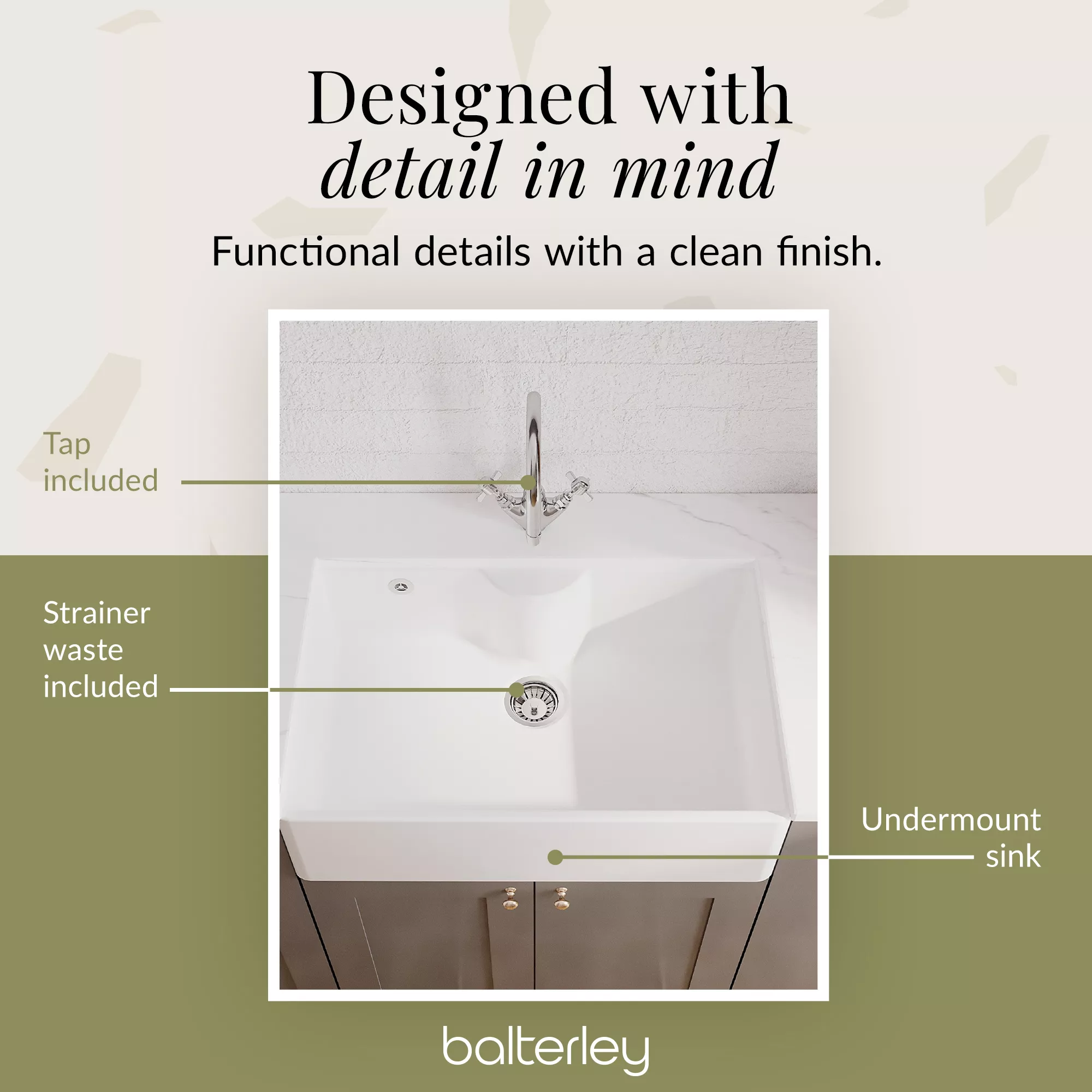 Single Bowl Fireclay Ceramic Butler Kitchen Sink Bundle with Tap Ledge, Tap & Waste - Image 7