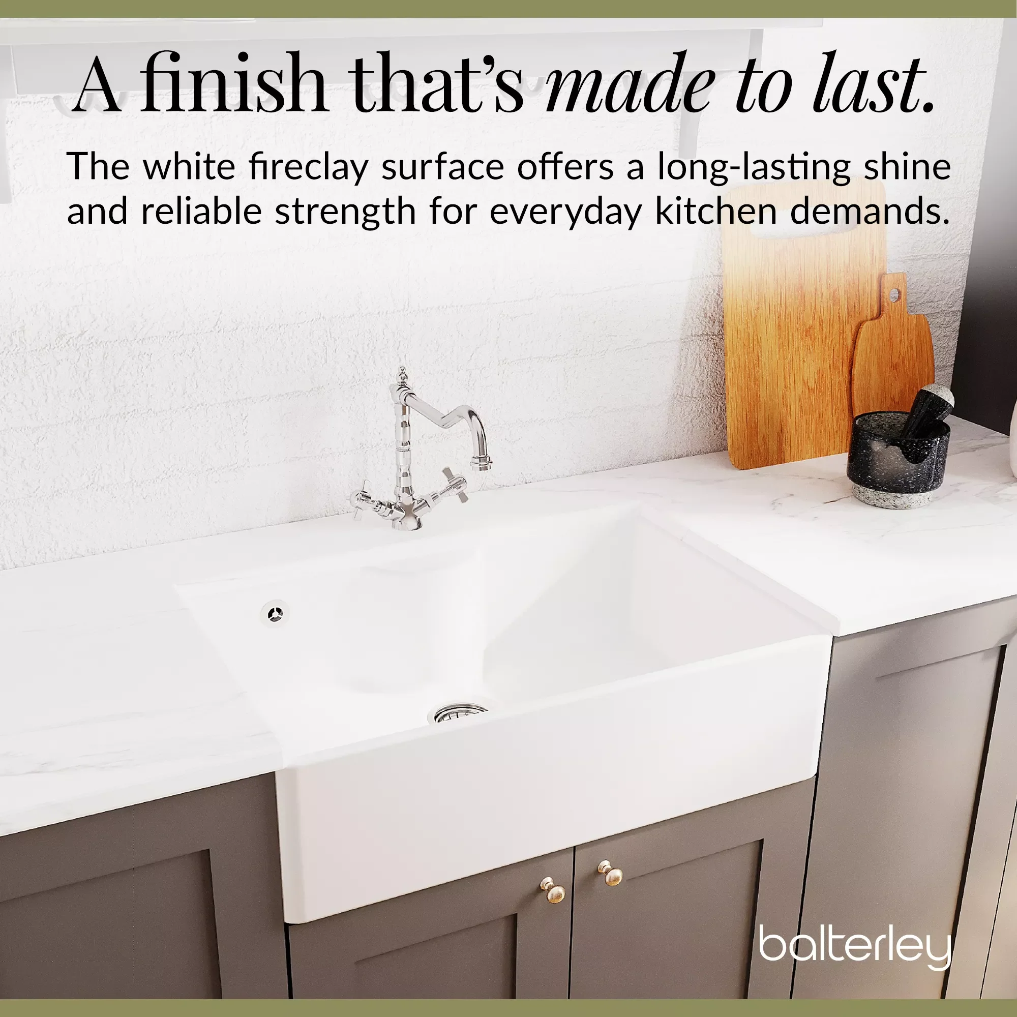 Single Bow Fireclay Ceramic Butler Kitchen Sink Bundle with Tap Ledge, French Classic Tap & Waste - Image 11