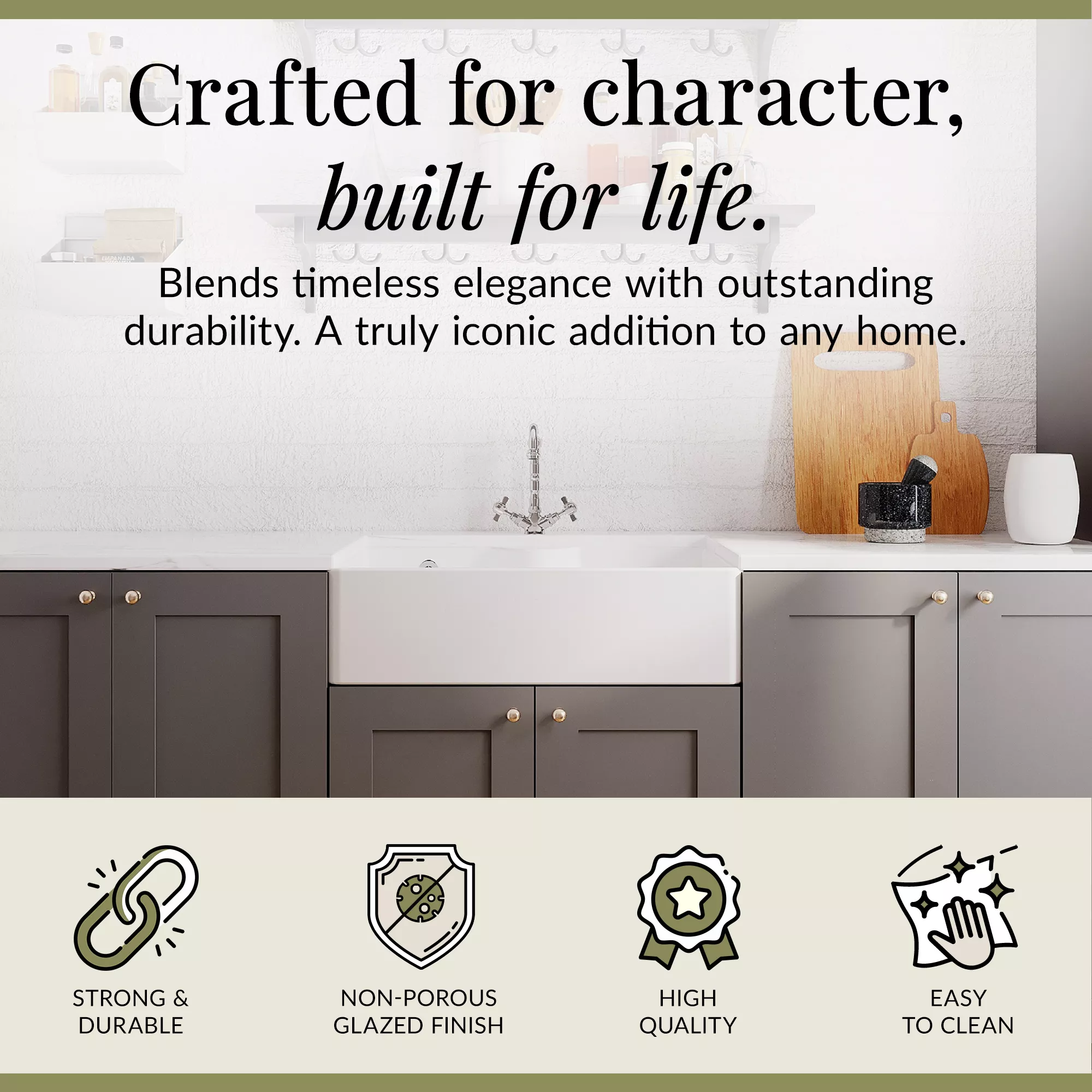 Single Bow Fireclay Ceramic Butler Kitchen Sink Bundle with Tap Ledge, French Classic Tap & Waste - Image 6