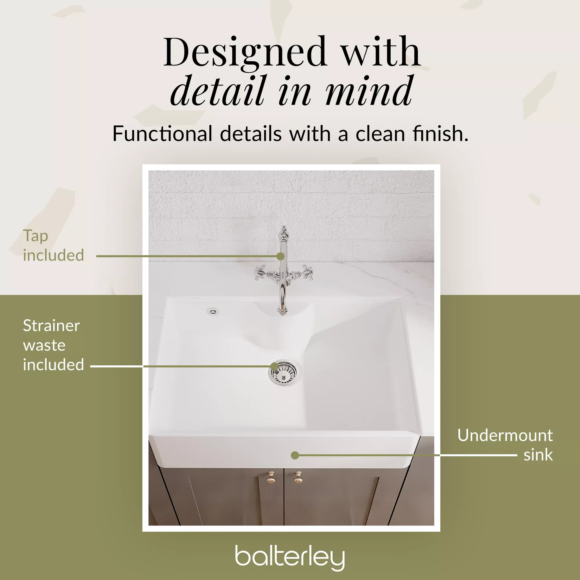 Single Bow Fireclay Ceramic Butler Kitchen Sink Bundle with Tap Ledge, French Classic Tap & Waste - Image 7