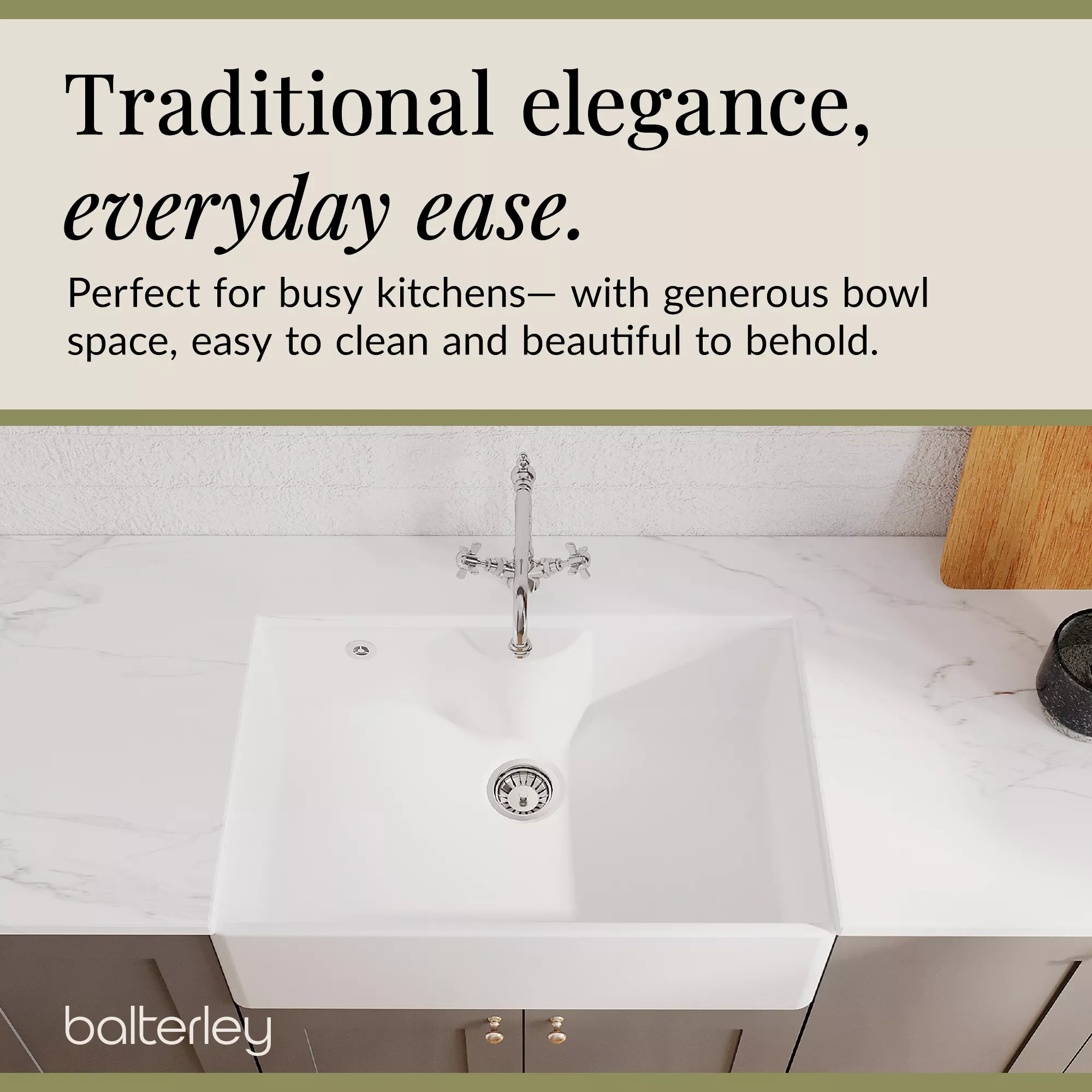 Single Bow Fireclay Ceramic Butler Kitchen Sink Bundle with Tap Ledge, French Classic Tap & Waste - Image 8