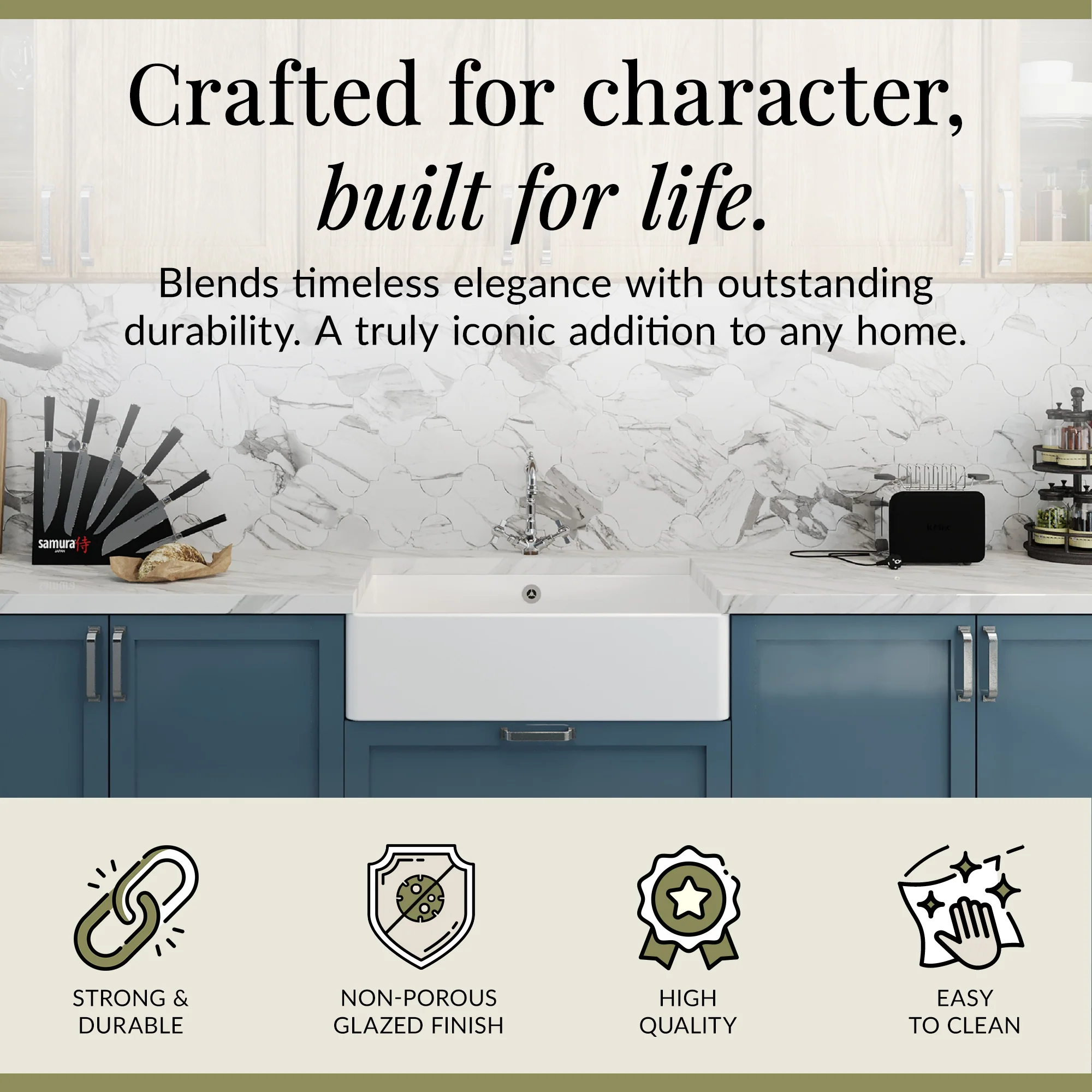 Single Bowl Fireclay Butler Kitchen Sink Bundle inc French Classic Tap & Overflow - Image 5