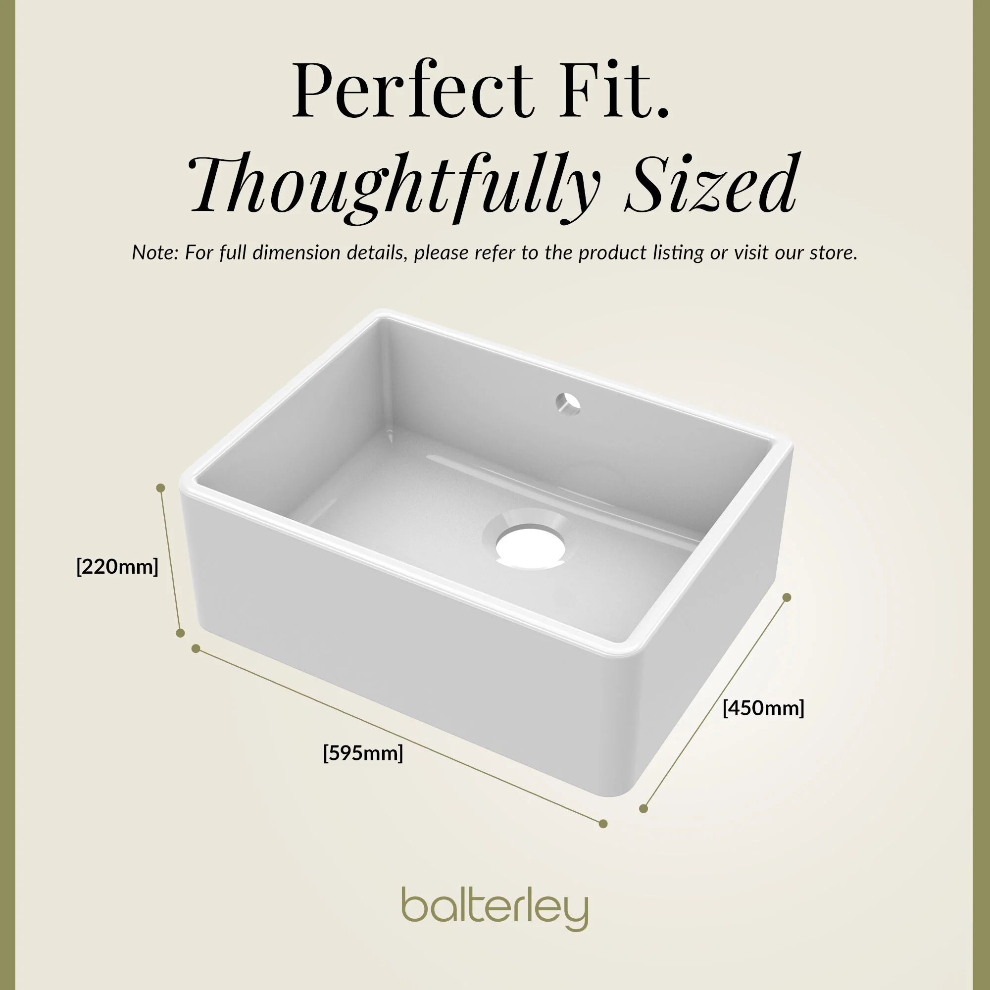 Single Bowl Fireclay Ceramic Butler Kitchen Sink with Overflow - 595mm - Image 6