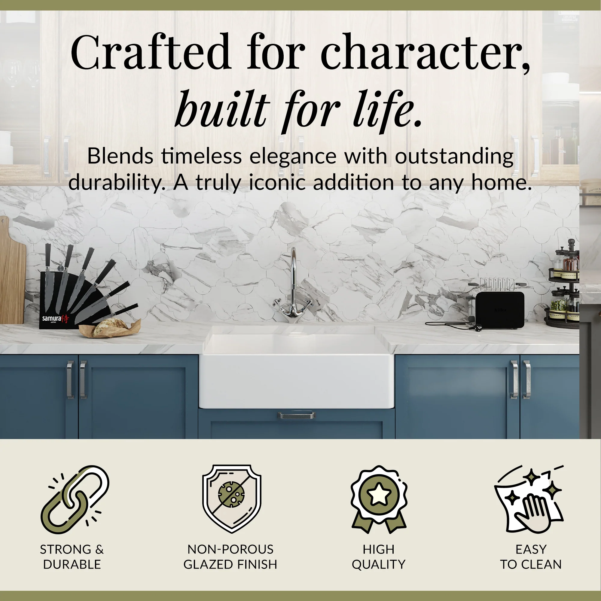 Single Bowl Fireclay Ceramic Butler Kitchen Sink Bundle with Mono Mixer Tap, Tap Ledge & Waste - Image 3