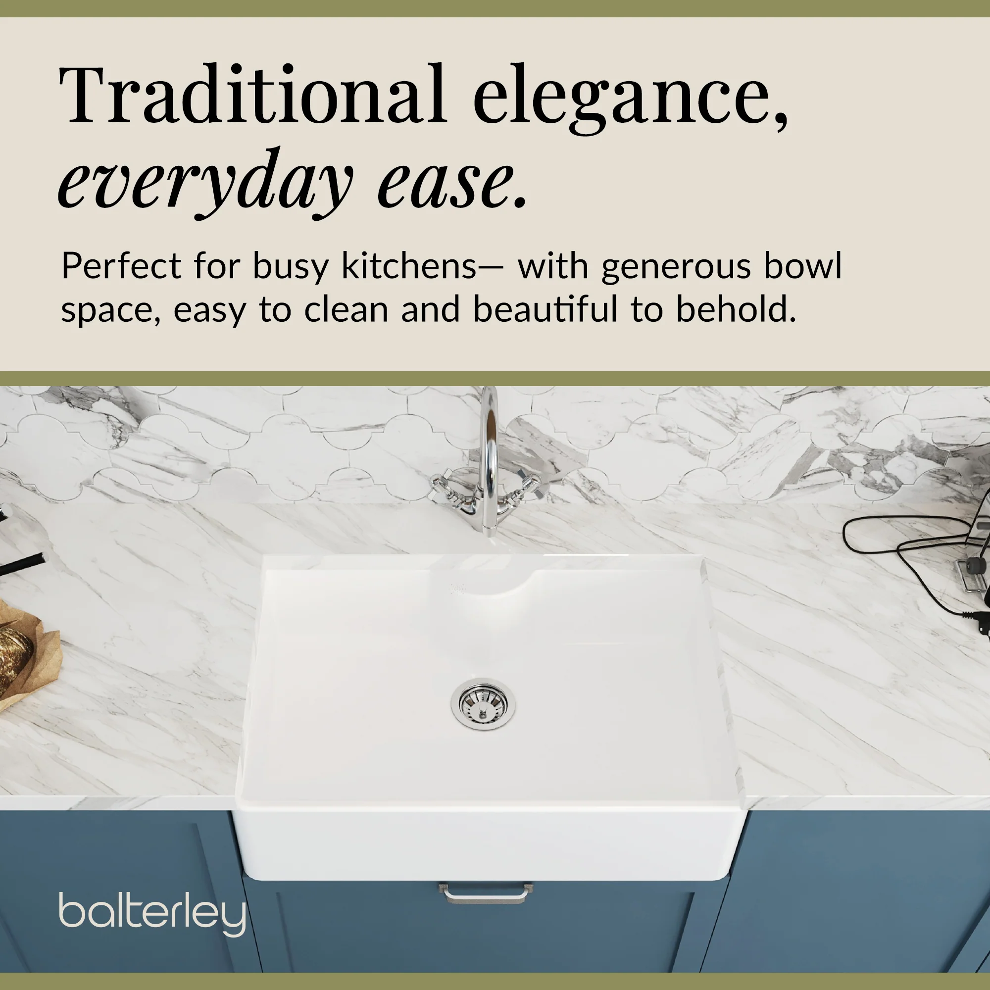 Single Bowl Fireclay Ceramic Butler Kitchen Sink Bundle with Mono Mixer Tap, Tap Ledge & Waste - Image 4