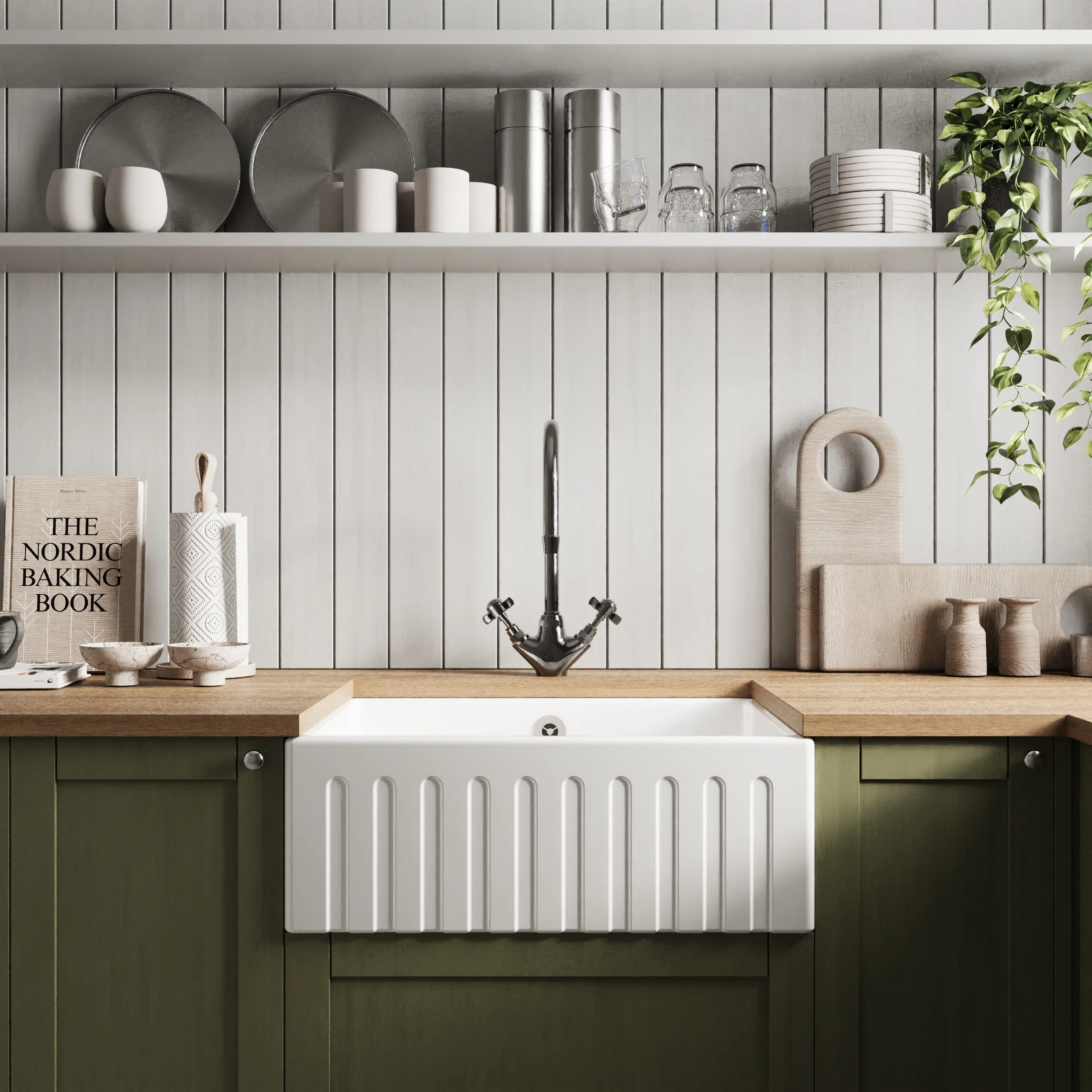 Single Bowl Fluted Front Fireclay Ceramic Butler Kitchen Sink with Overflow - Choice of Size - Image 10