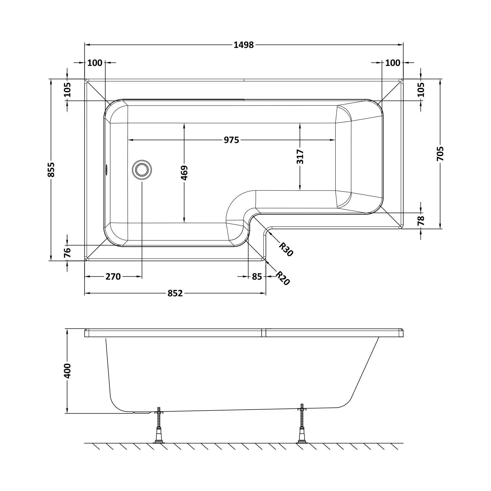 Modern Square Shower Bath - Choose Size and Left or Right Orientation - Image 3