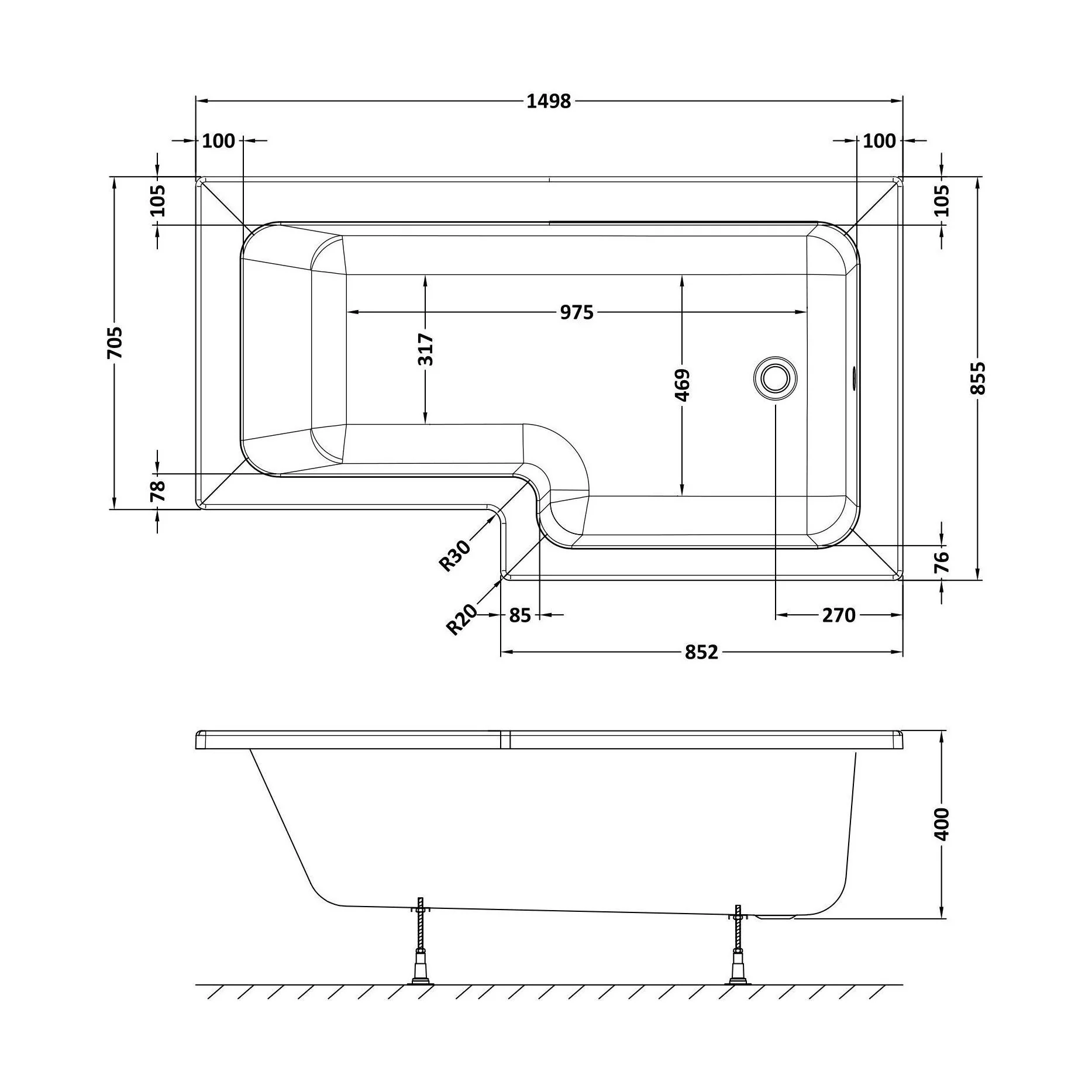 Modern Square Shower Bath - Choose Size and Left or Right Orientation - Image 4