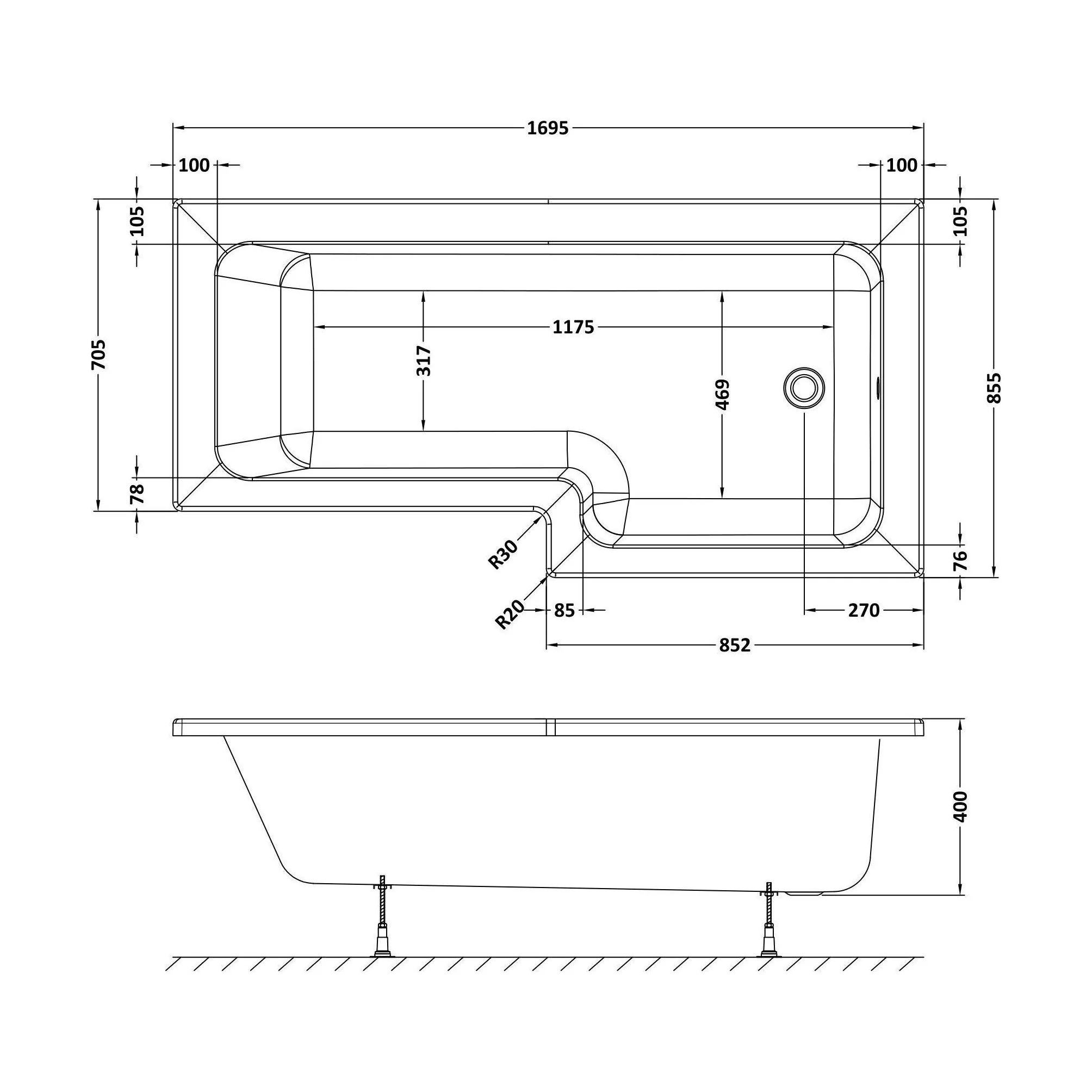 Modern Square Shower Bath - Choose Size and Left or Right Orientation - Image 8
