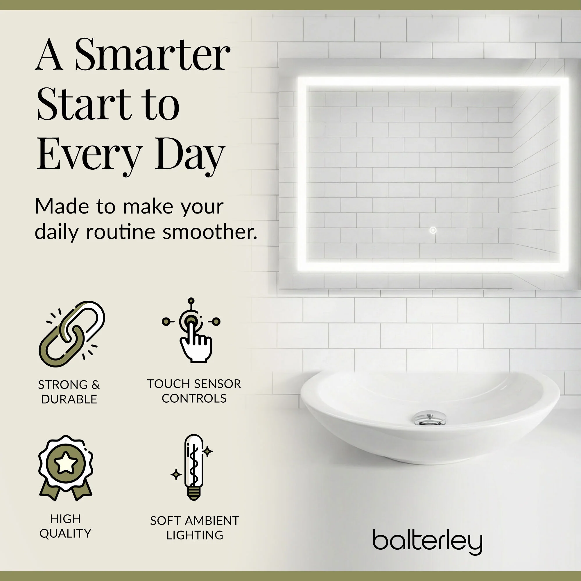 Rectangular Landscape LED Illuminated Touch Sensor Mirror with Demister, 800mm x 500mm - Image 5