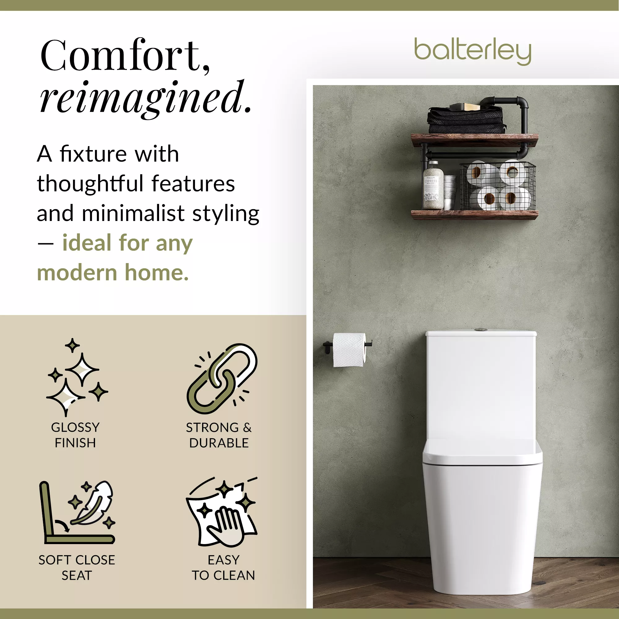 Hilderstone Modern Close-Coupled Rimless Toilet with Soft Close Seat - Image 2