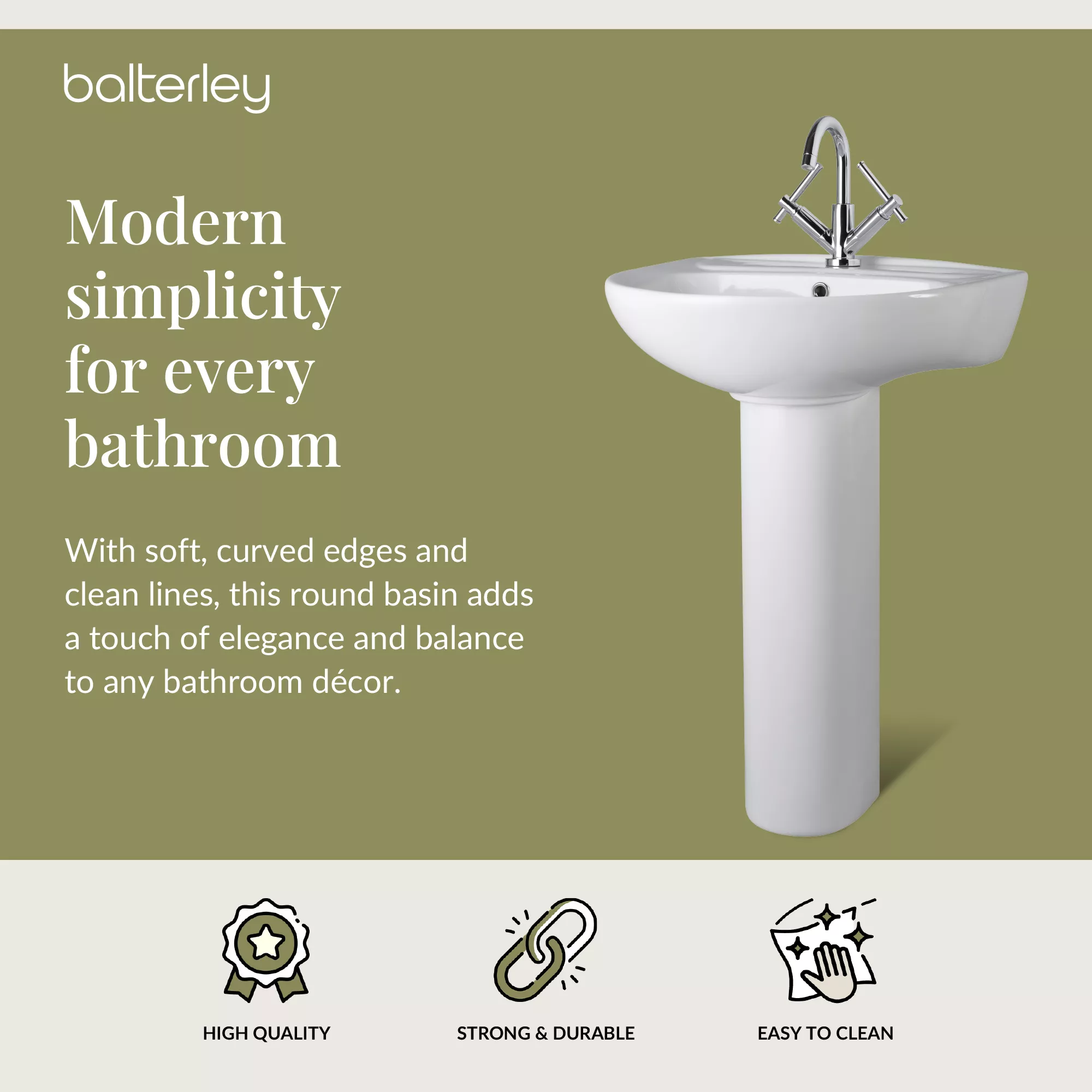 Anslow Round Ceramic Bathroom Basin and Full Pedestal - 550mm - Image 11