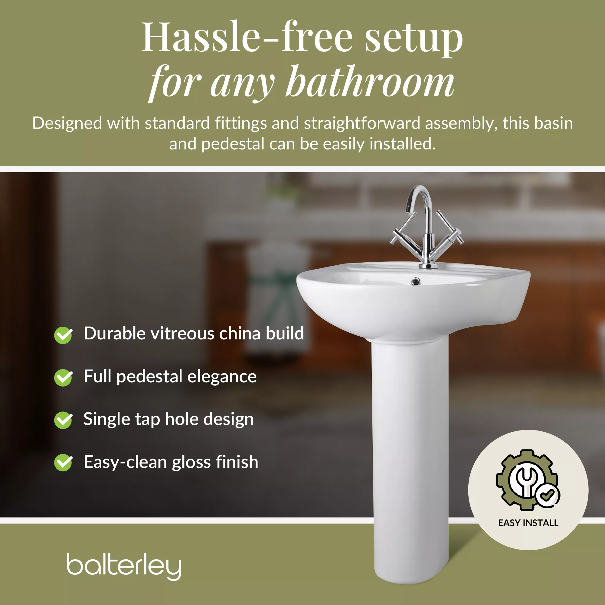 Anslow Round Ceramic Bathroom Basin and Full Pedestal - 550mm - Image 12