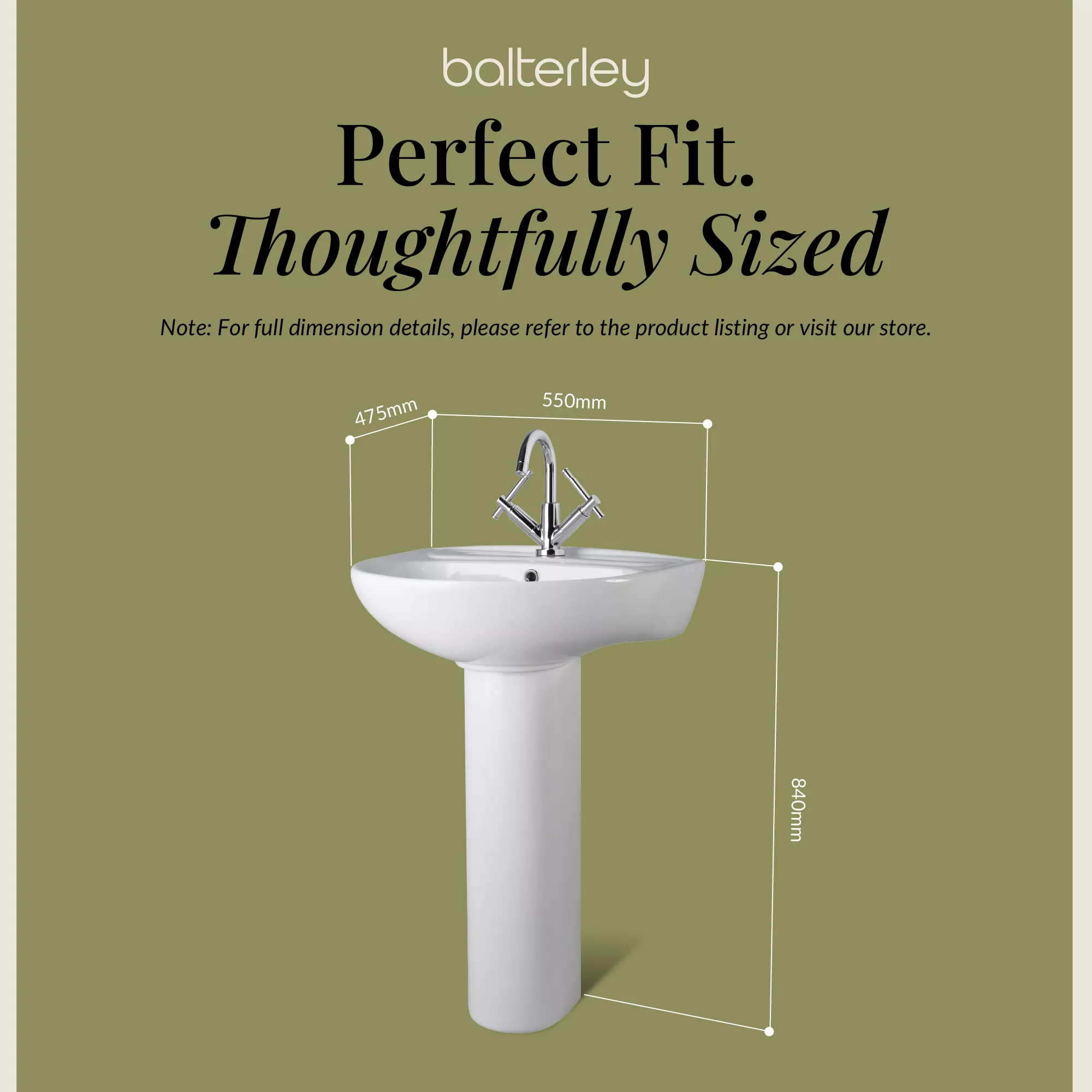 Anslow Round Ceramic Bathroom Basin and Full Pedestal - 550mm - Image 14