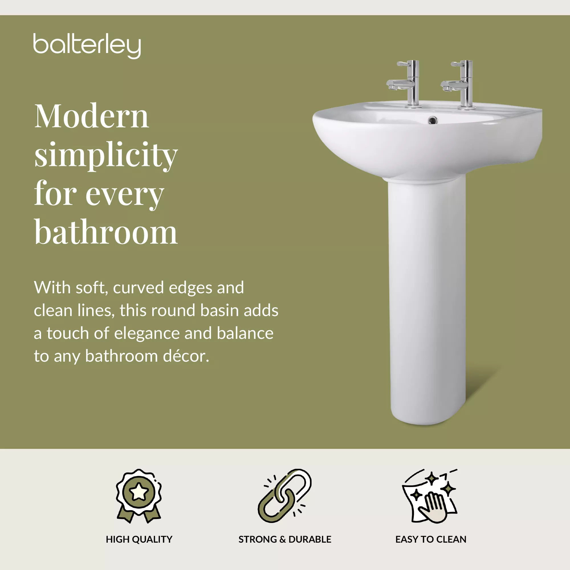 Anslow Round Ceramic Bathroom Basin and Full Pedestal - 550mm - Image 5