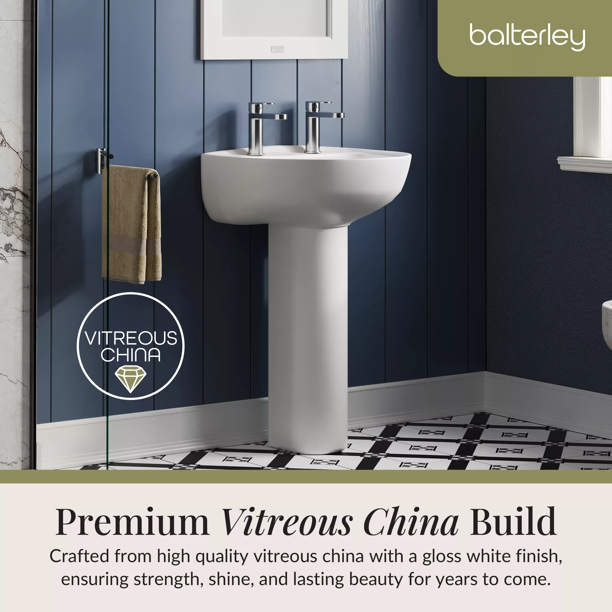 Anslow Round Ceramic Bathroom Basin and Full Pedestal - 550mm - Image 7