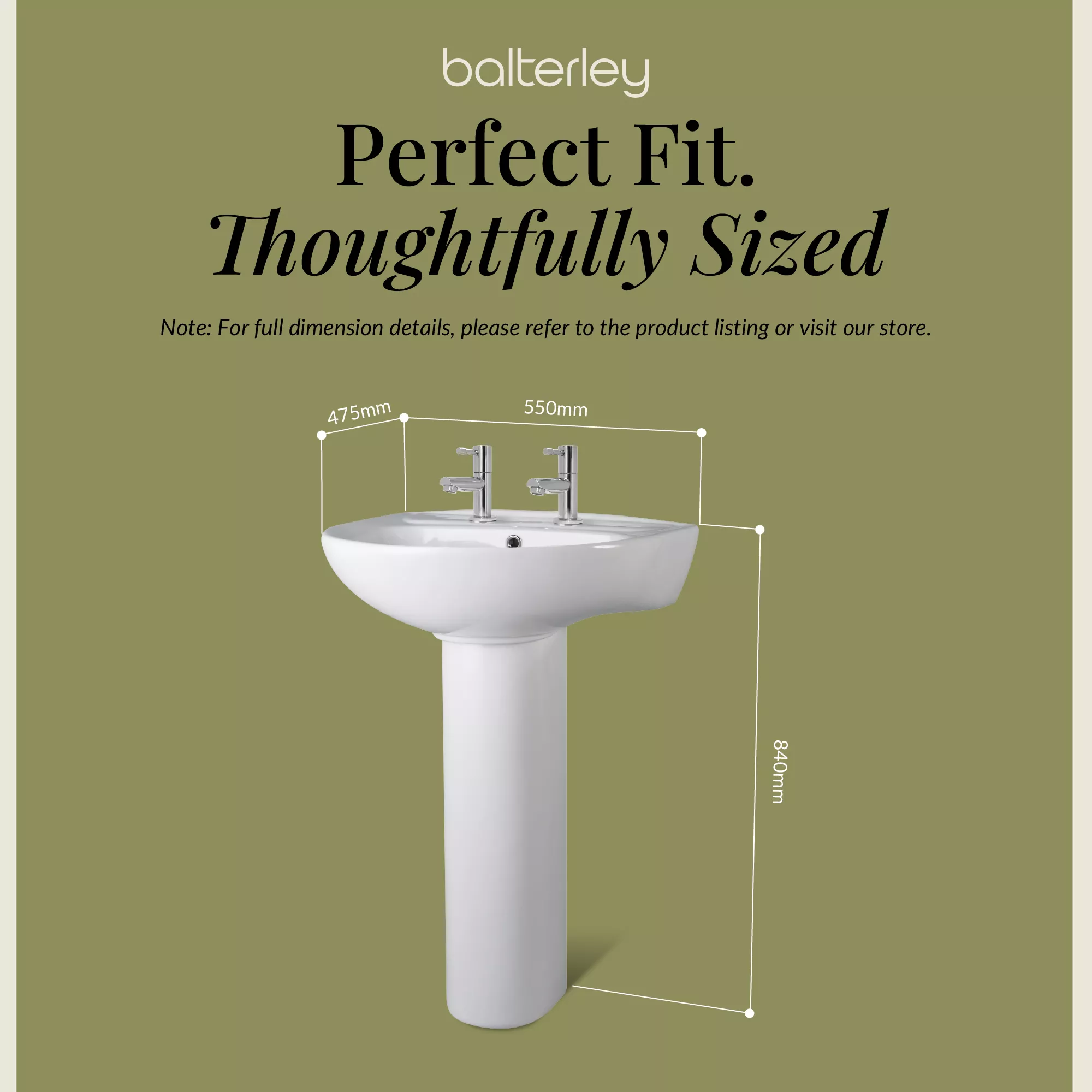Anslow Round Ceramic Bathroom Basin and Full Pedestal - 550mm - Image 8