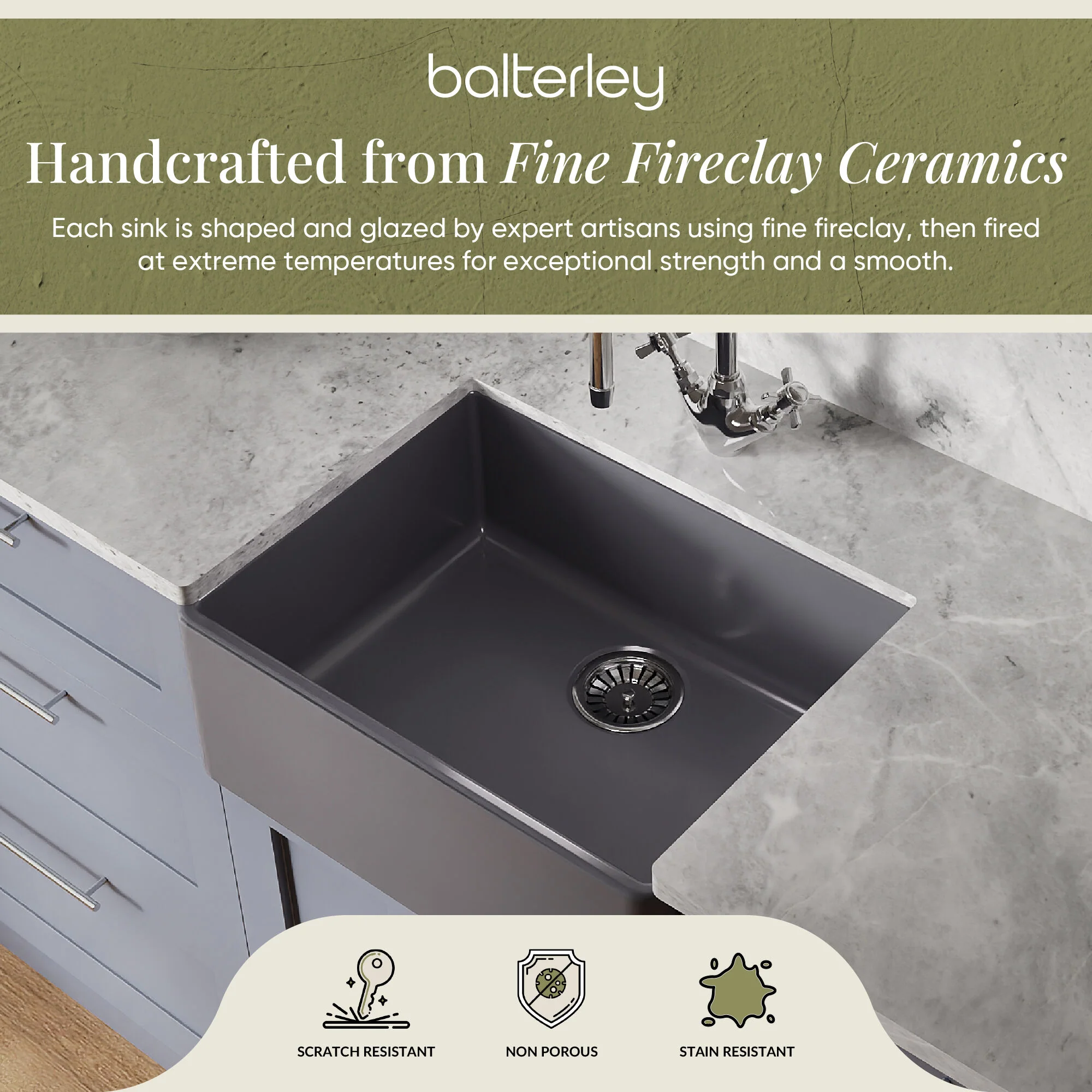 Single Bowl Fireclay Ceramic Butler Kitchen Sink - 595mm - Multiple Colours - Image 16