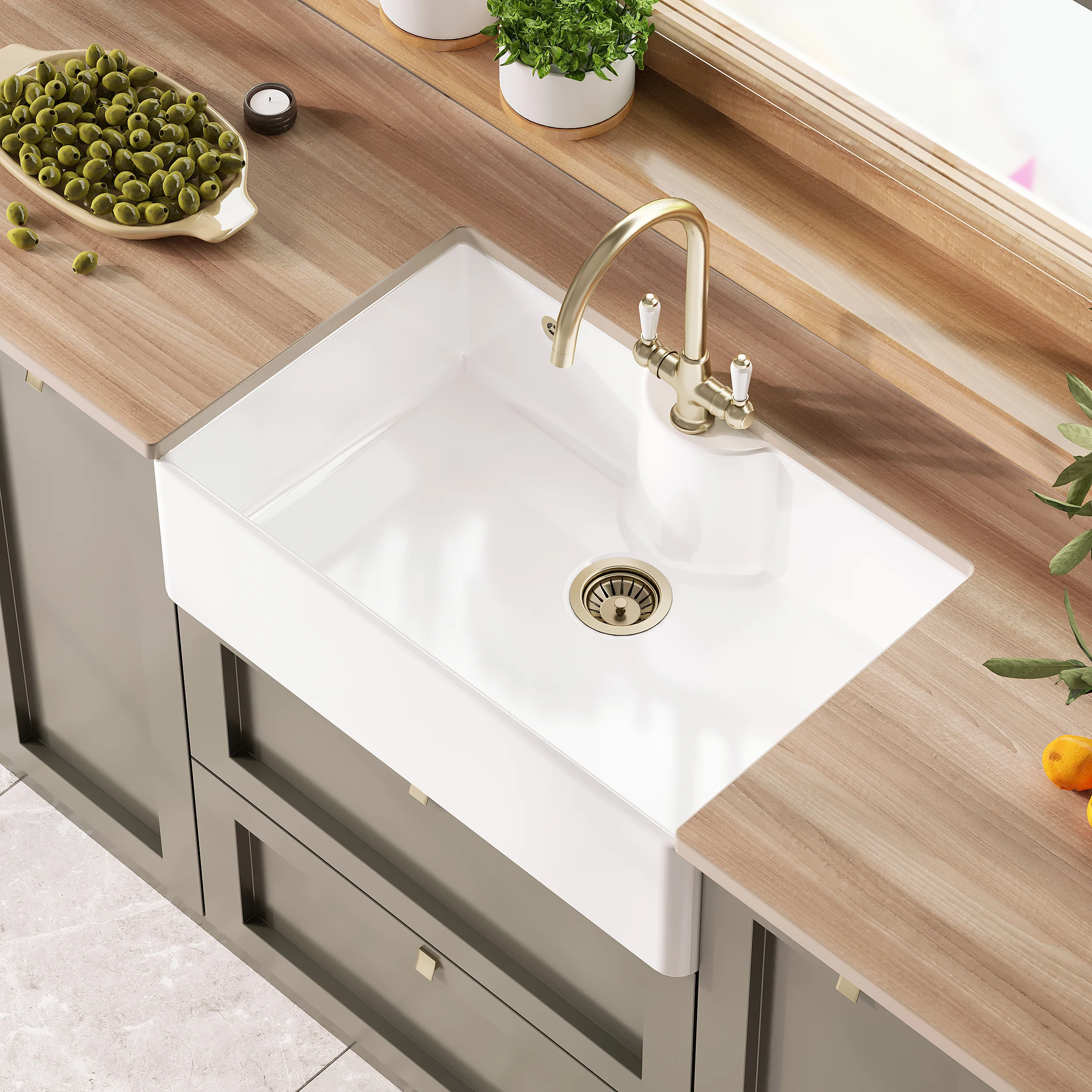 Single Bowl Fireclay Ceramic Butler Kitchen Sink - Variety of Sizes and Features Available - Image 48