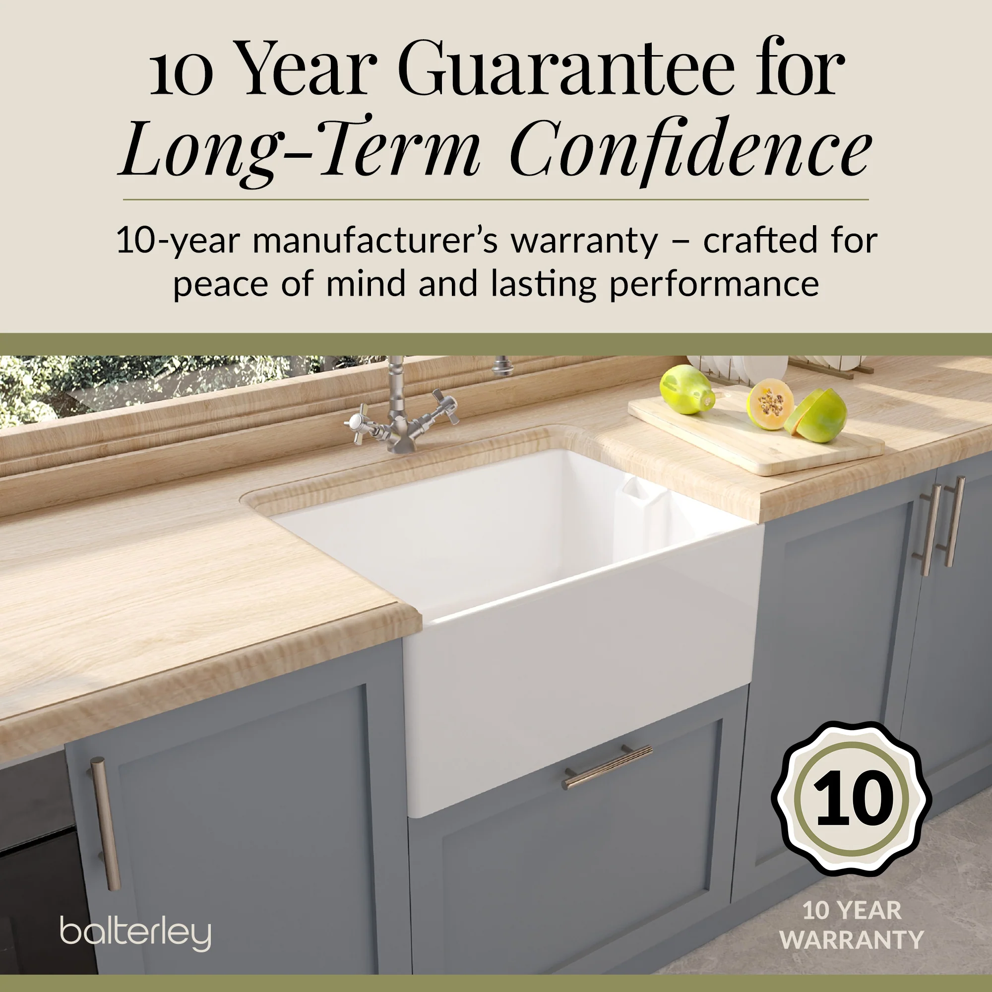 Single Bowl Fireclay Ceramic Belfast Kitchen Sink & French Classic Mono Sink Mixer Tap - Image 9
