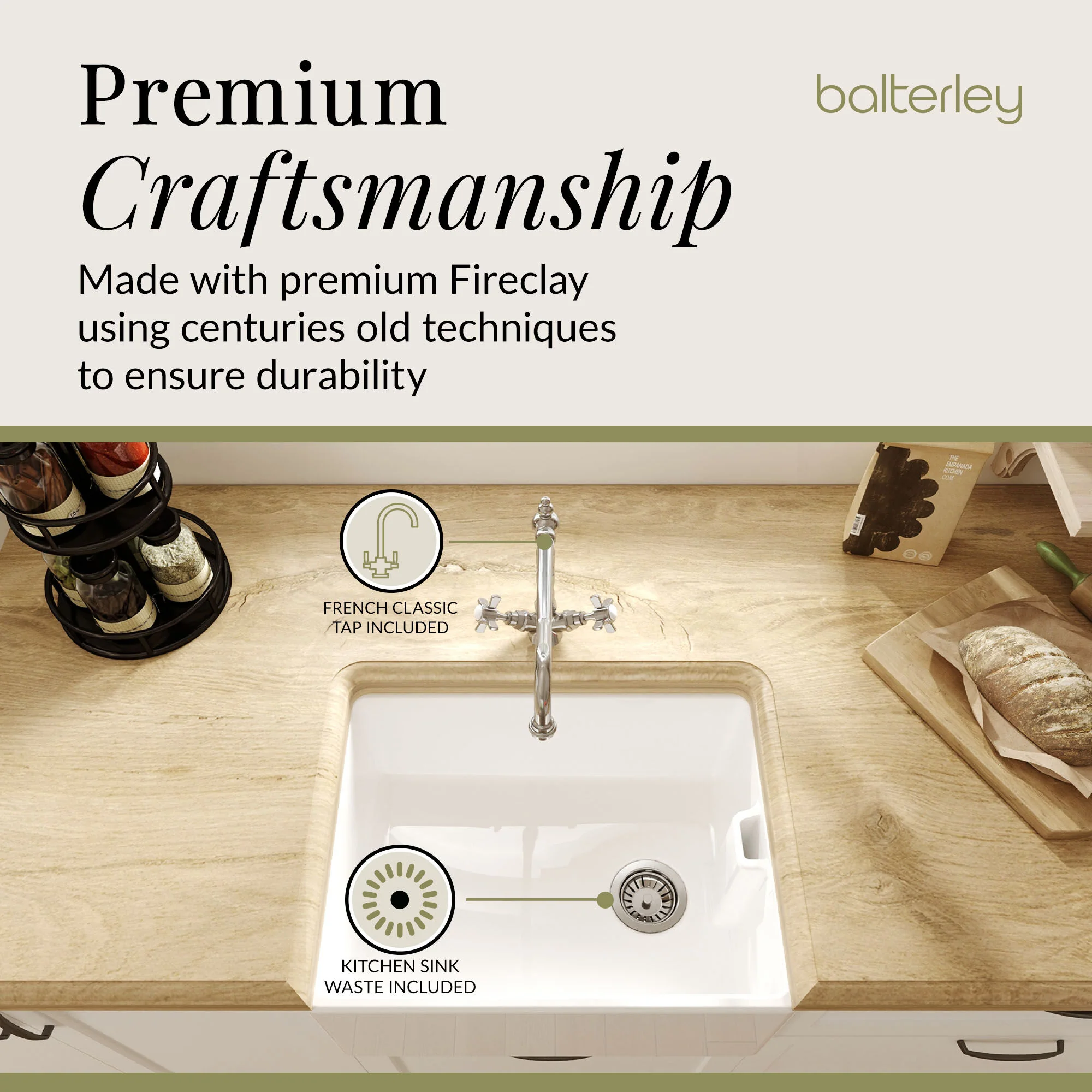 Single Bowl Fireclay Ceramic Belfast Kitchen Sink Bundle French Classic Tap & Waste - Image 12