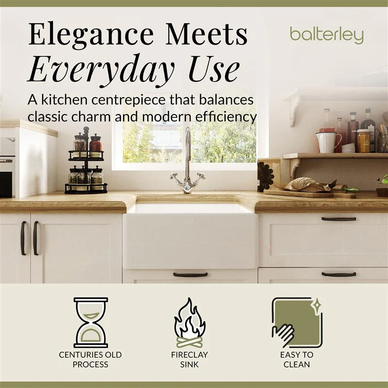 Single Bowl Fireclay Belfast Sink Bundle with Basket Strainer Waste & Mono Kitchen Sink Mixer Tap - 595mm - Image 3
