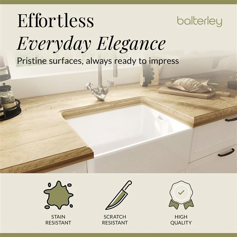 Single Bowl Fireclay Belfast Sink Bundle with Basket Strainer Waste & Mono Kitchen Sink Mixer Tap - 595mm - Image 5