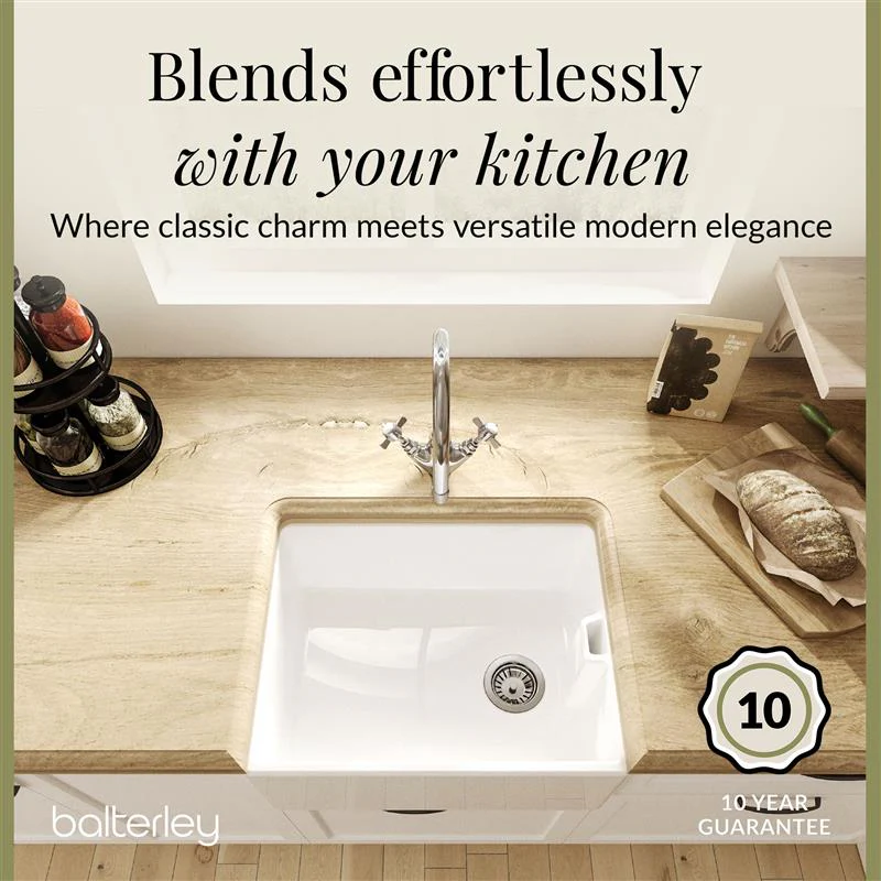 Single Bowl Fireclay Belfast Sink Bundle with Basket Strainer Waste & Mono Kitchen Sink Mixer Tap - 595mm - Image 6