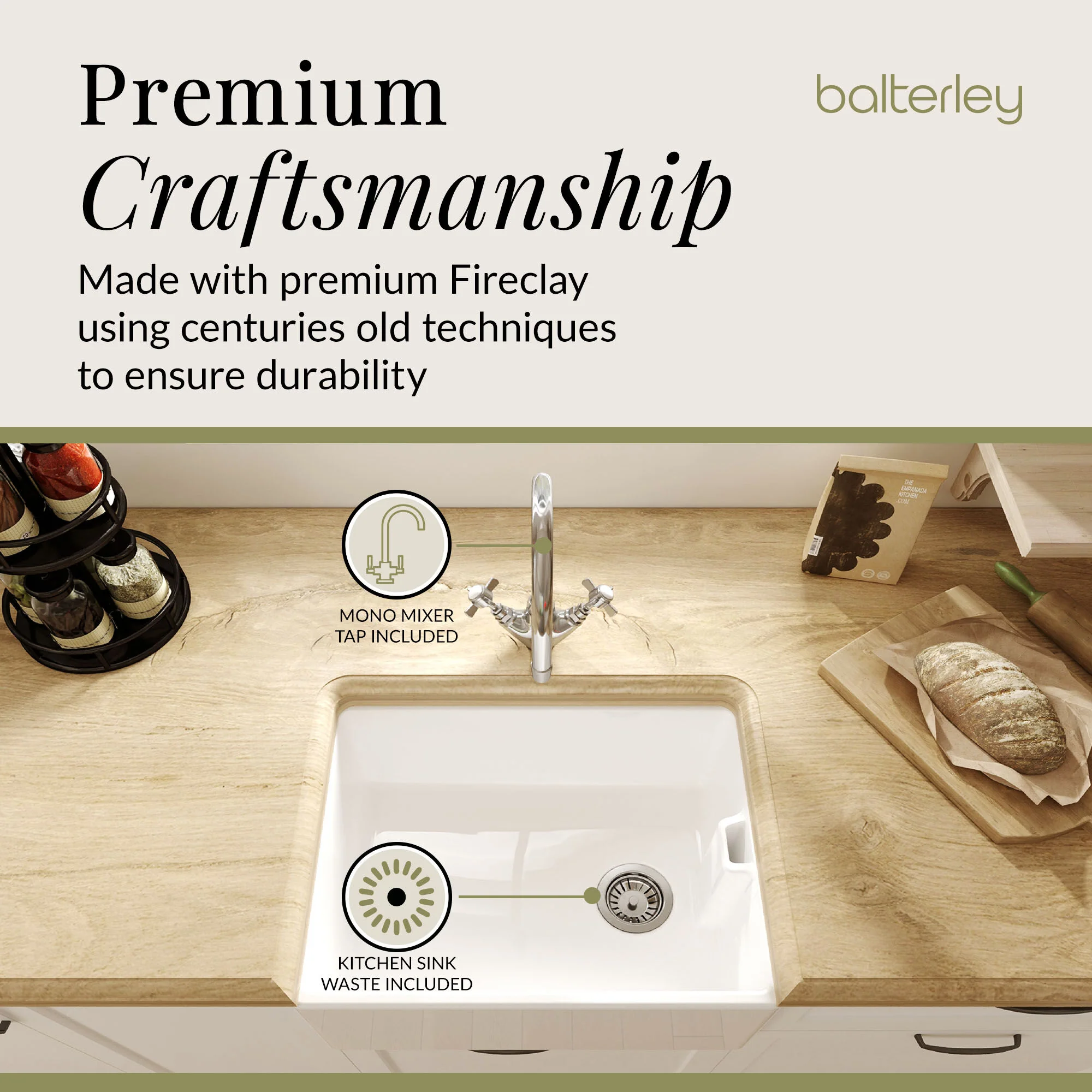Single Bowl Fireclay Belfast Sink Bundle with Basket Strainer Waste & Mono Kitchen Sink Mixer Tap - 595mm - Image 9