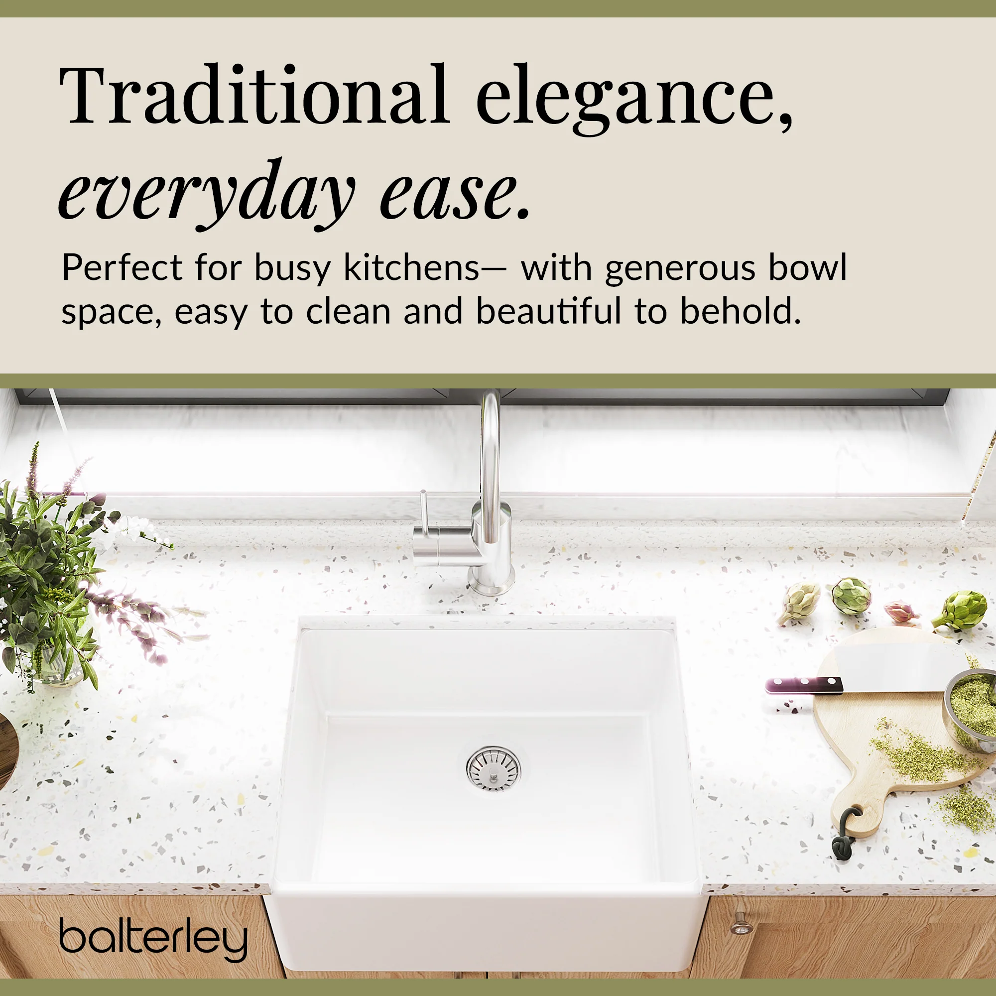 Single Bowl Fireclay Ceramic Butler Kitchen Sink with Chrome Strainer Waste - 595mm - Image 3