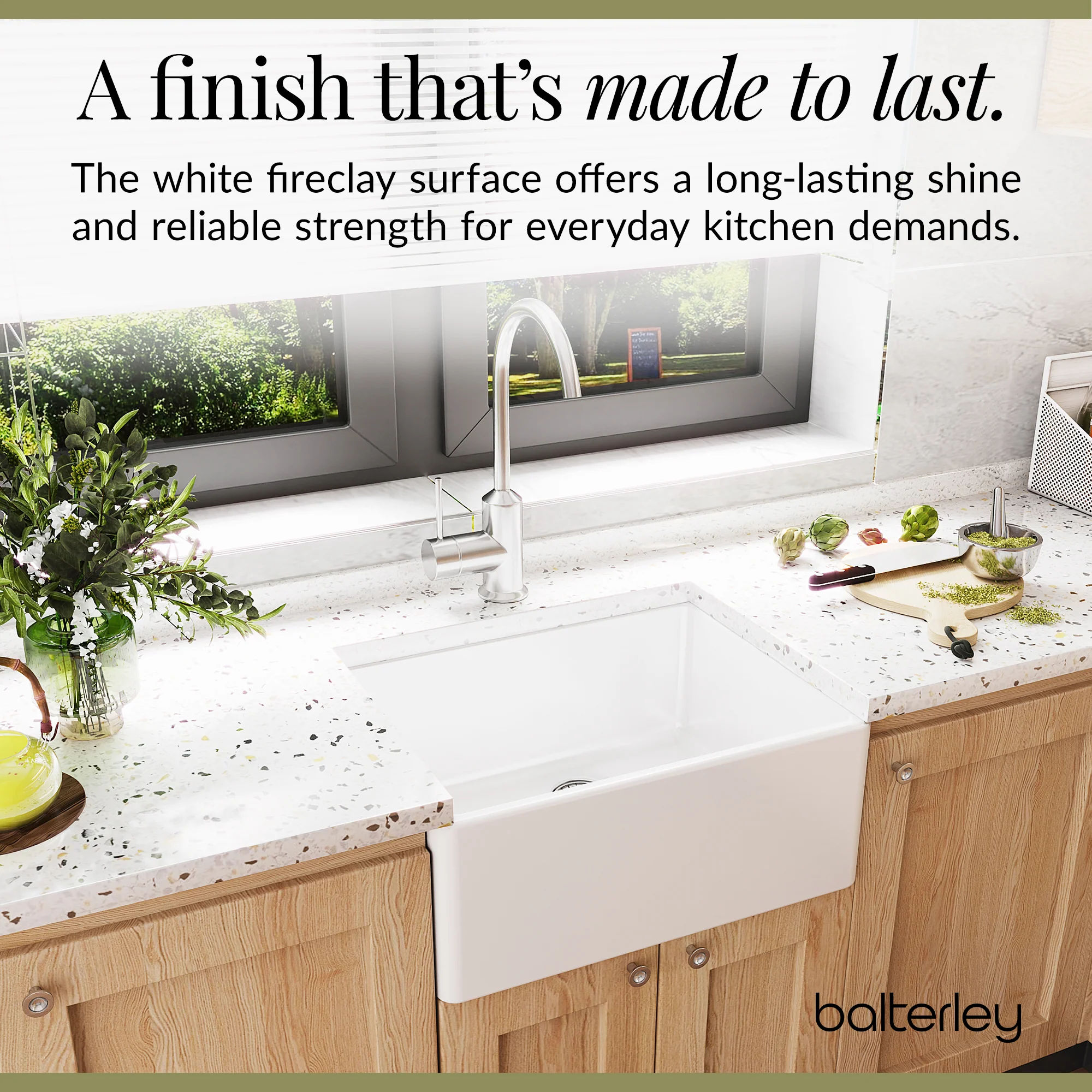 Single Bowl Fireclay Ceramic Butler Kitchen Sink with Chrome Strainer Waste - 595mm - Image 4