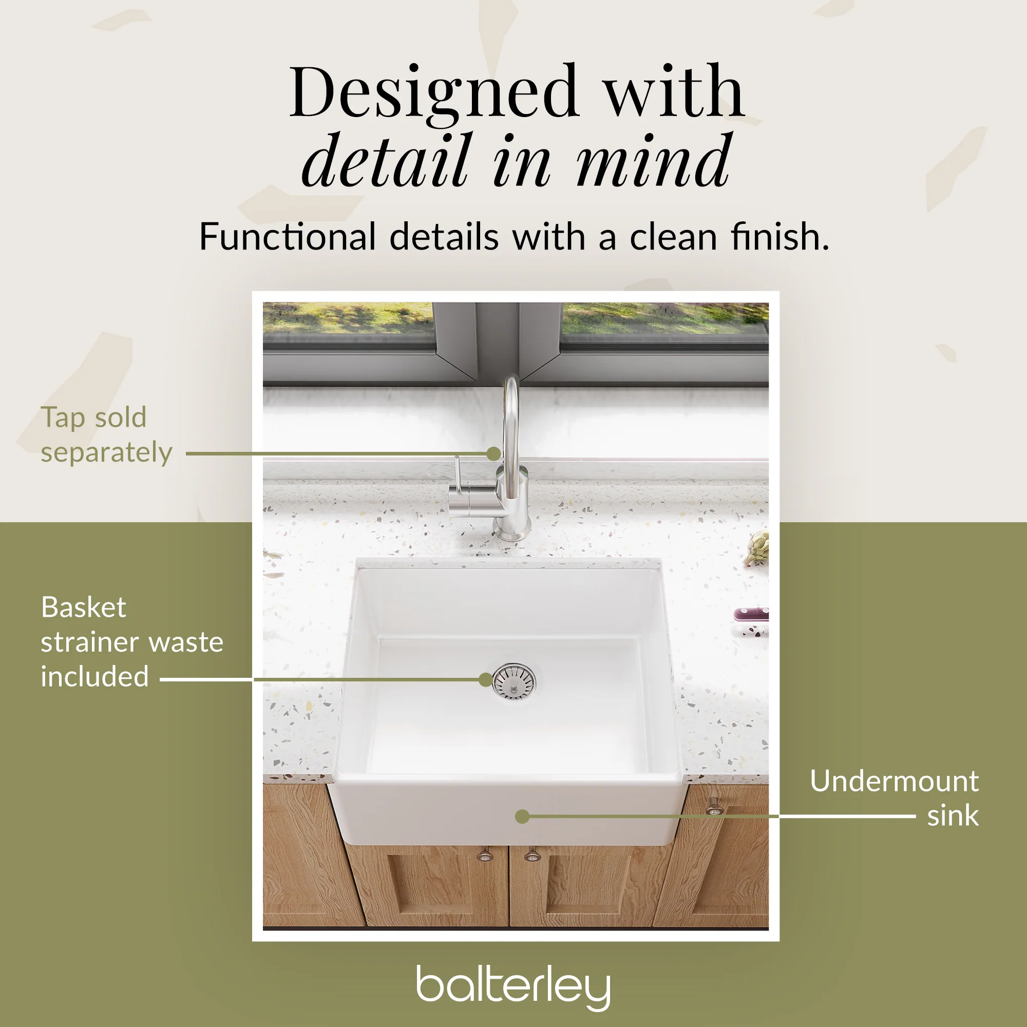 Single Bowl Fireclay Ceramic Butler Kitchen Sink with Chrome Strainer Waste - 595mm - Image 6