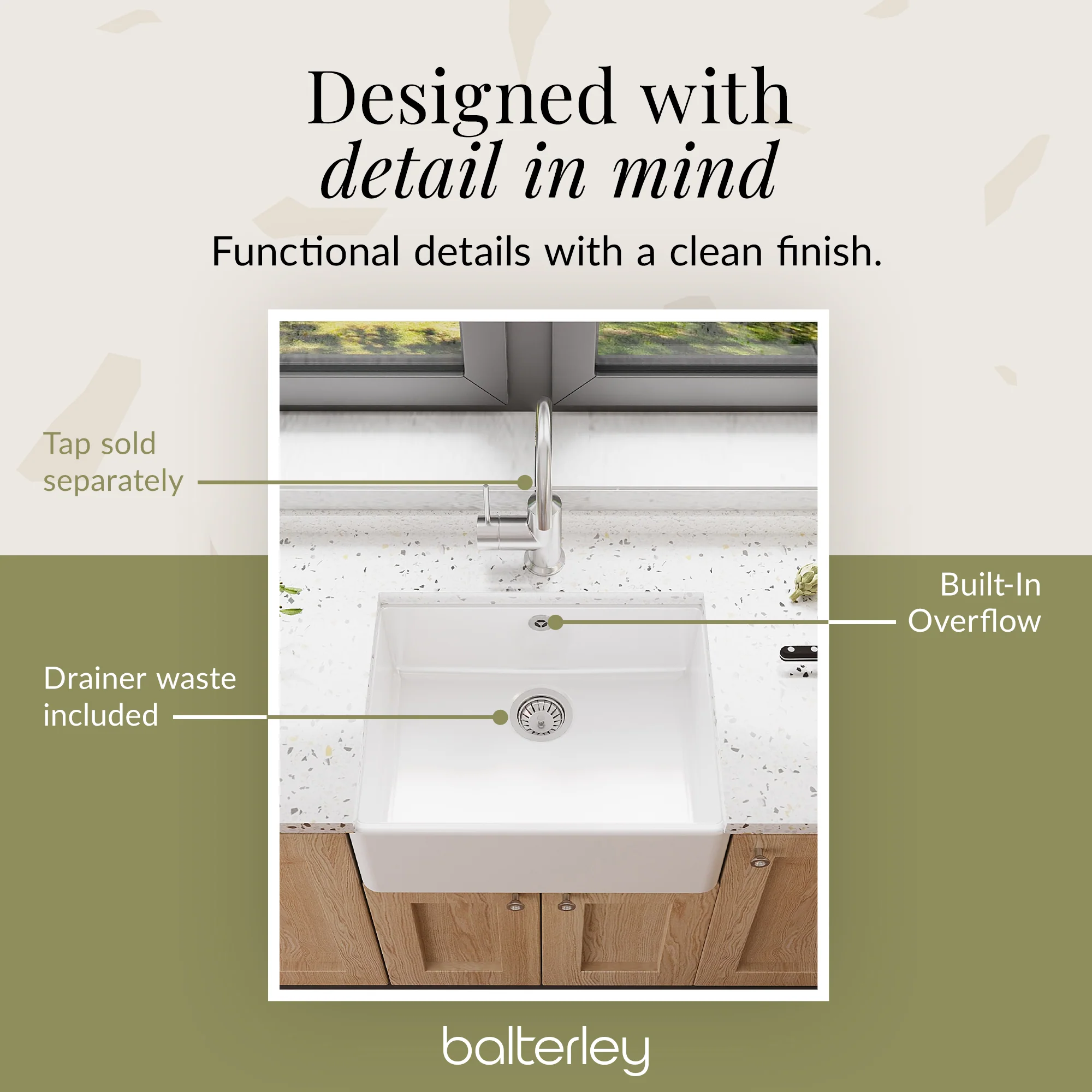 Single Bowl Fireclay Ceramic Butler Kitchen Sink with Chrome Basket Strainer Waste with Overflow - 595mm - Image 11