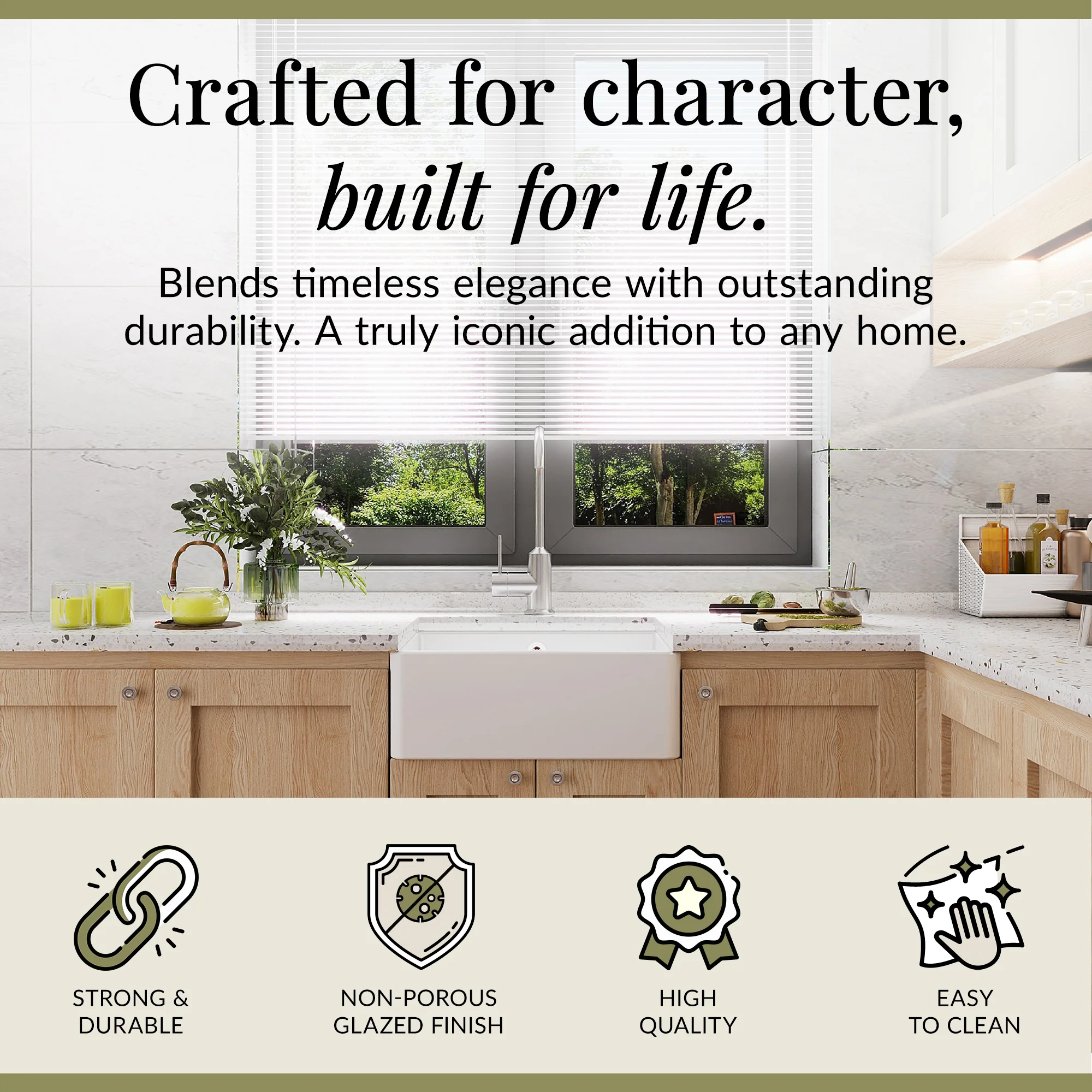 Single Bowl Fireclay Ceramic Butler Kitchen Sink with Chrome Basket Strainer Waste with Overflow - 595mm - Image 6