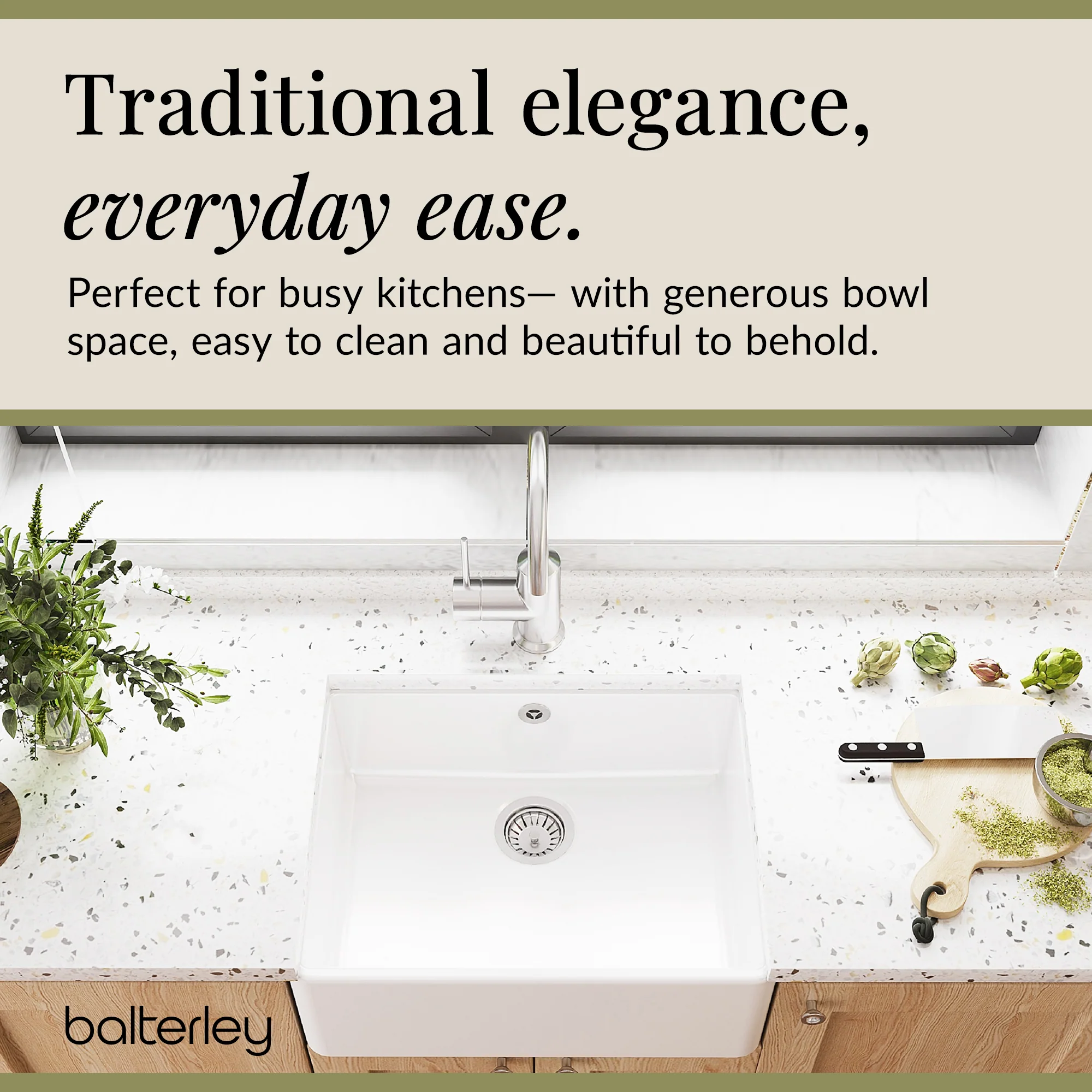 Single Bowl Fireclay Ceramic Butler Kitchen Sink with Chrome Basket Strainer Waste with Overflow - 595mm - Image 7
