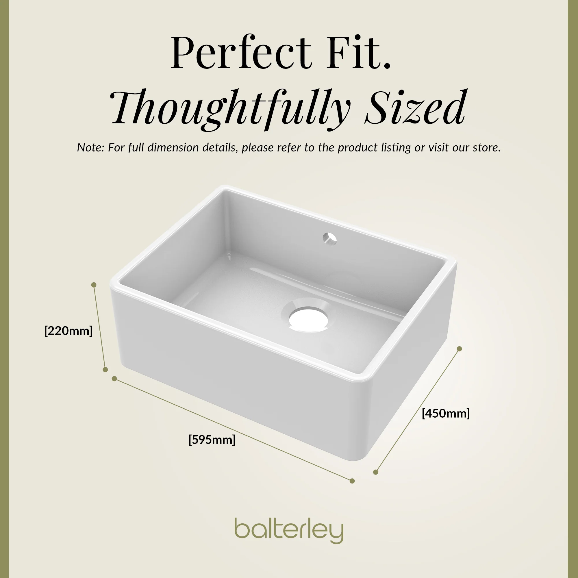 Single Bowl Fireclay Ceramic Butler Kitchen Sink with Chrome Basket Strainer Waste with Overflow - 595mm - Image 9