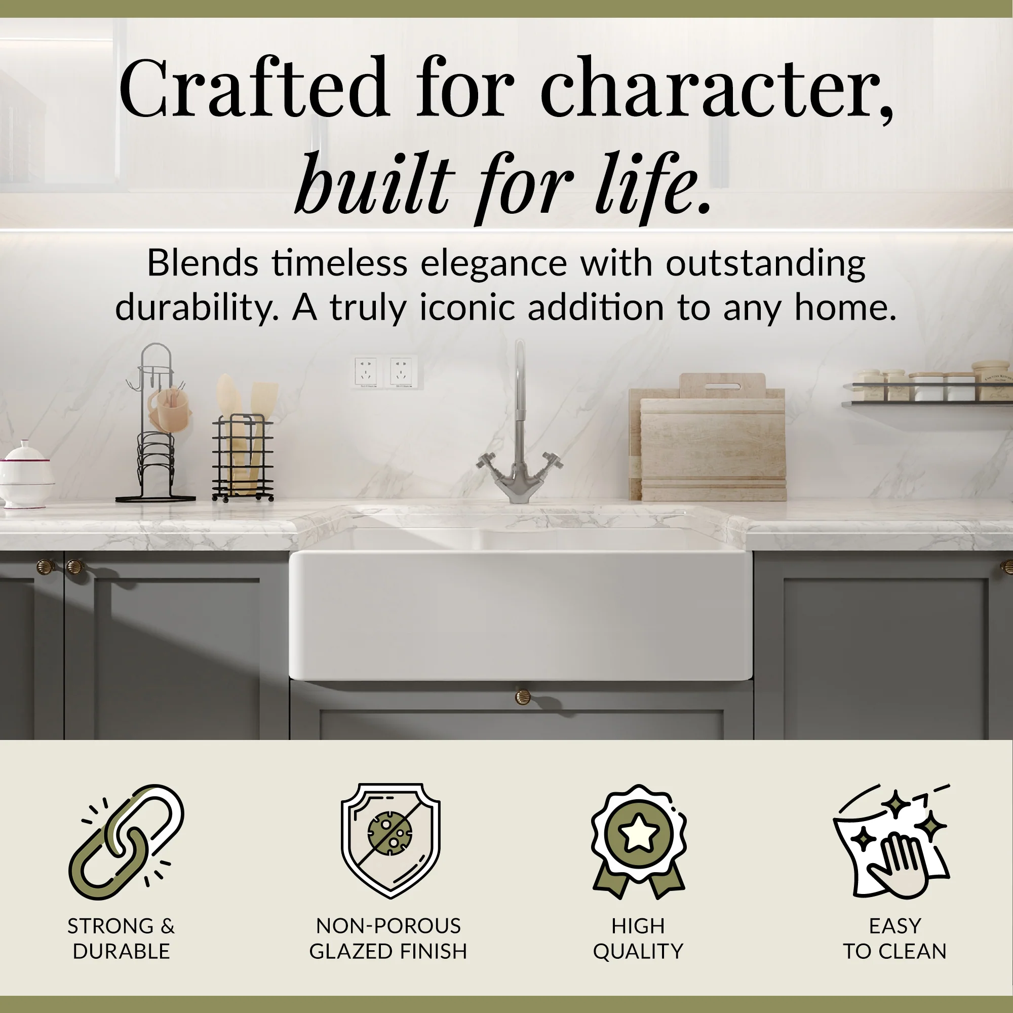Single Bowl Fireclay Ceramic Butler Kitchen Sink with Tap Ledge & Strainer Waste - Image 6