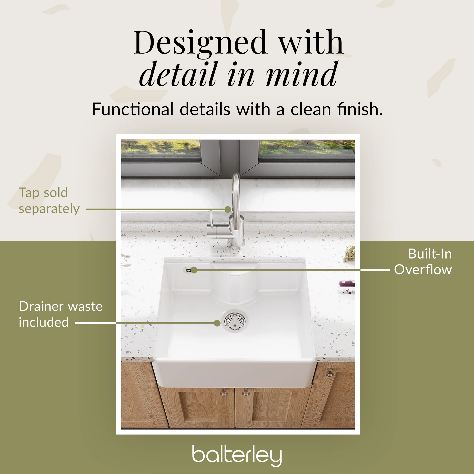 Single Bowl Fireclay Ceramic Butler Kitchen Sink with Ledge , Overflow & Waste - Image 11
