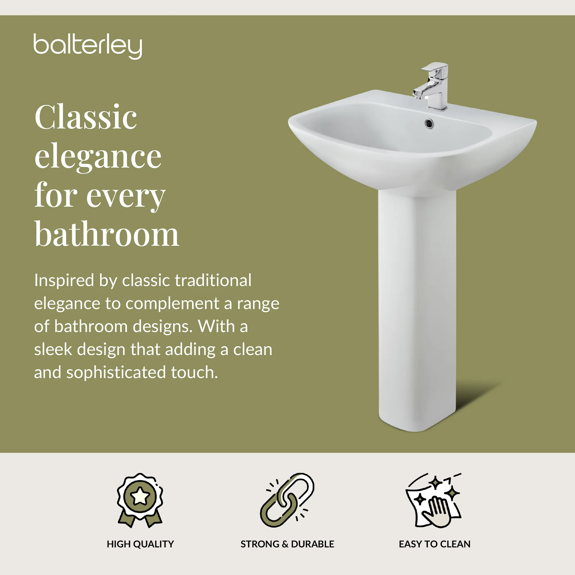 Hilderstone Modern 1 Tap Hole Basin and Pedestal – 545mm - Image 2