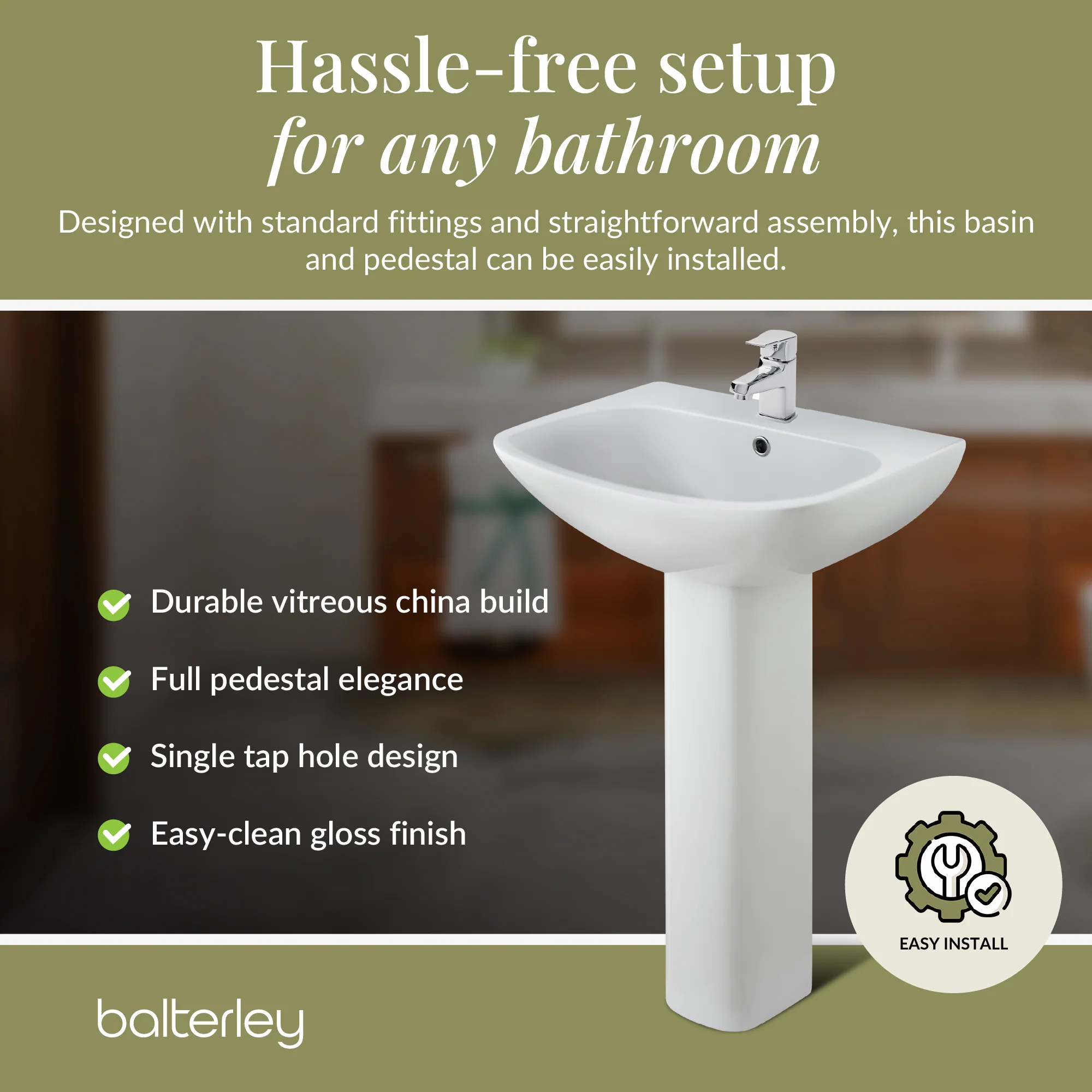 Hilderstone Modern 1 Tap Hole Basin and Pedestal – 545mm - Image 3