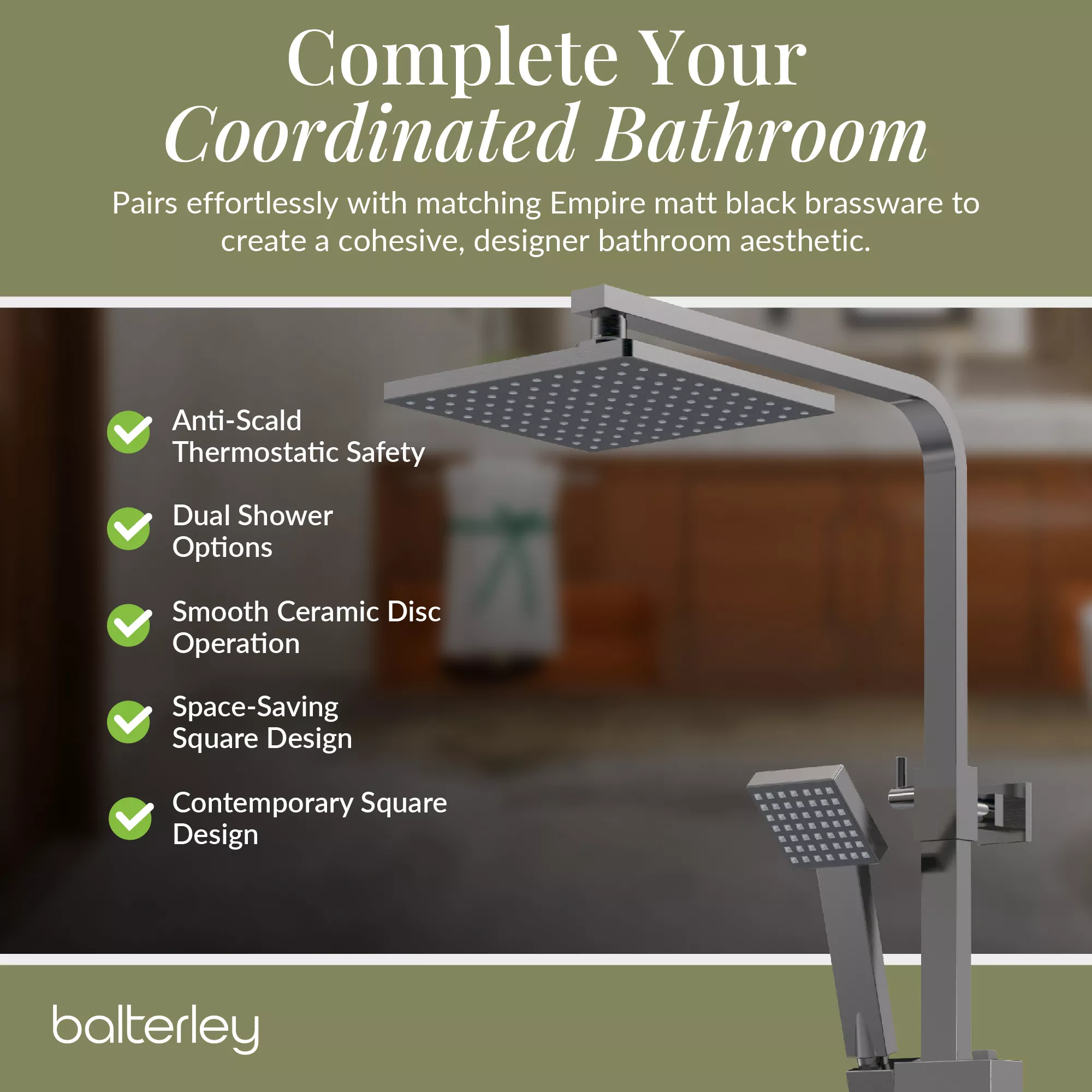 Square Thermostatic Shower Kit with Fixed Head & Adjustable Handset - Multiple Colours Available - Image 33