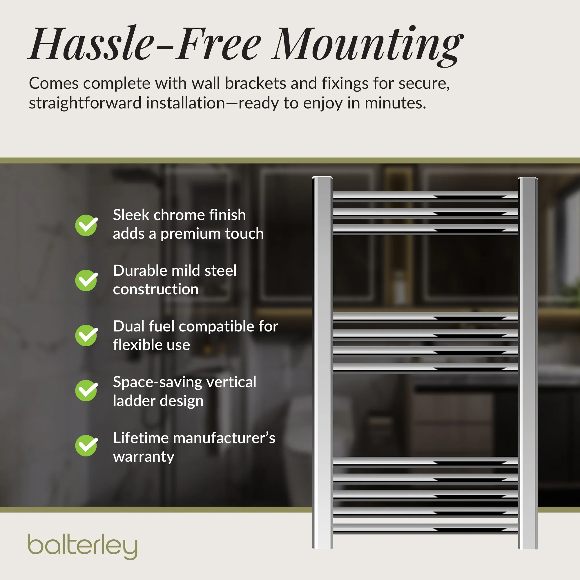 Straight Heated Rail Dual Fuel Towel Warmer, W: 500mm – Choice of Size & Finish - Image 62