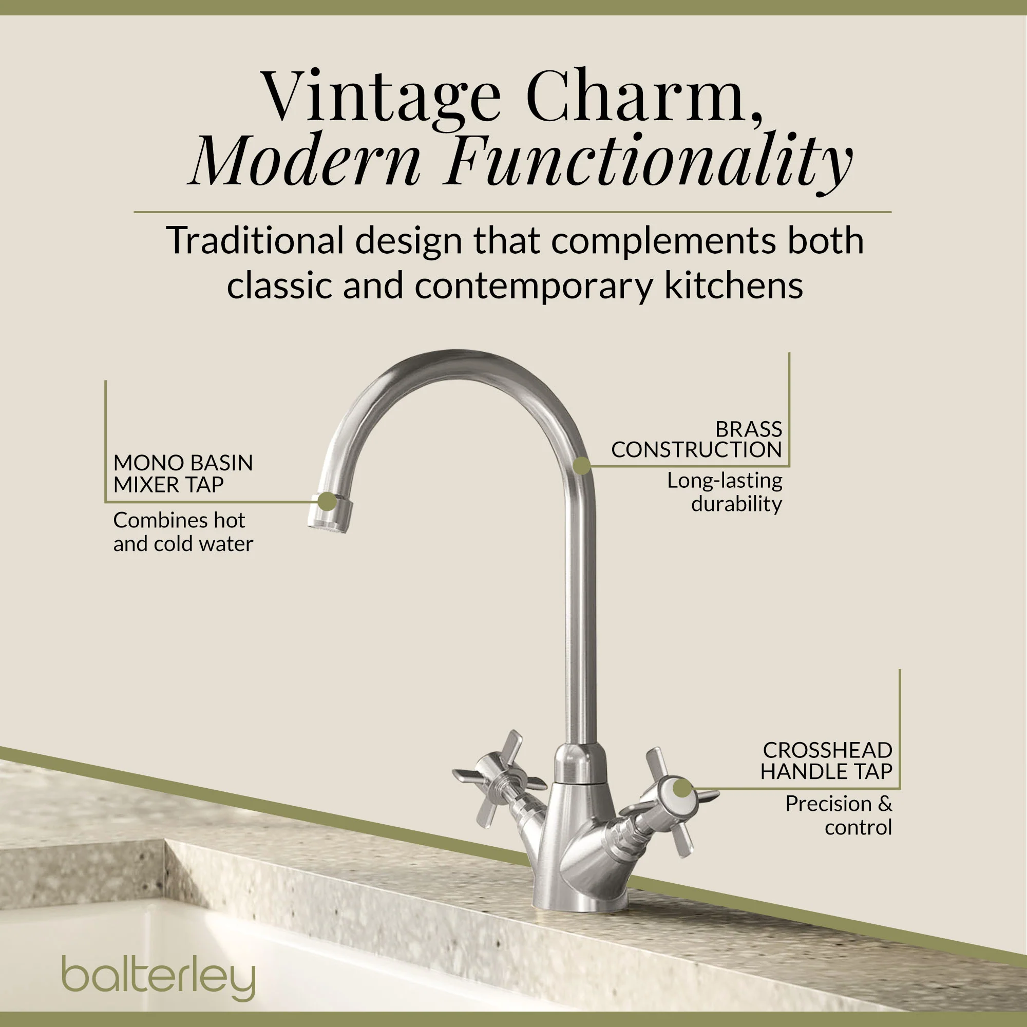 Traditional Mono Mixer Kitchen Tap - Multiple Handle and Finish Options Available - Image 17