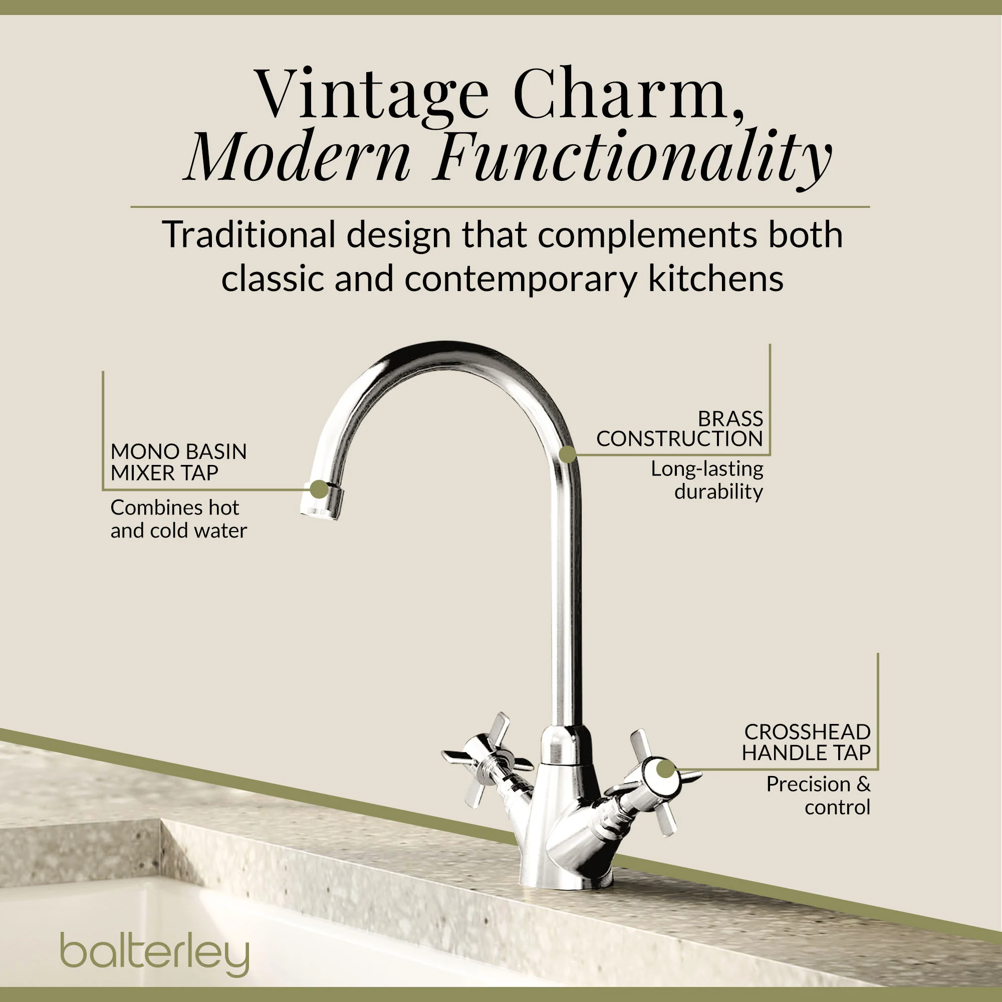 Traditional Mono Mixer Kitchen Tap - Multiple Handle and Finish Options Available - Image 22