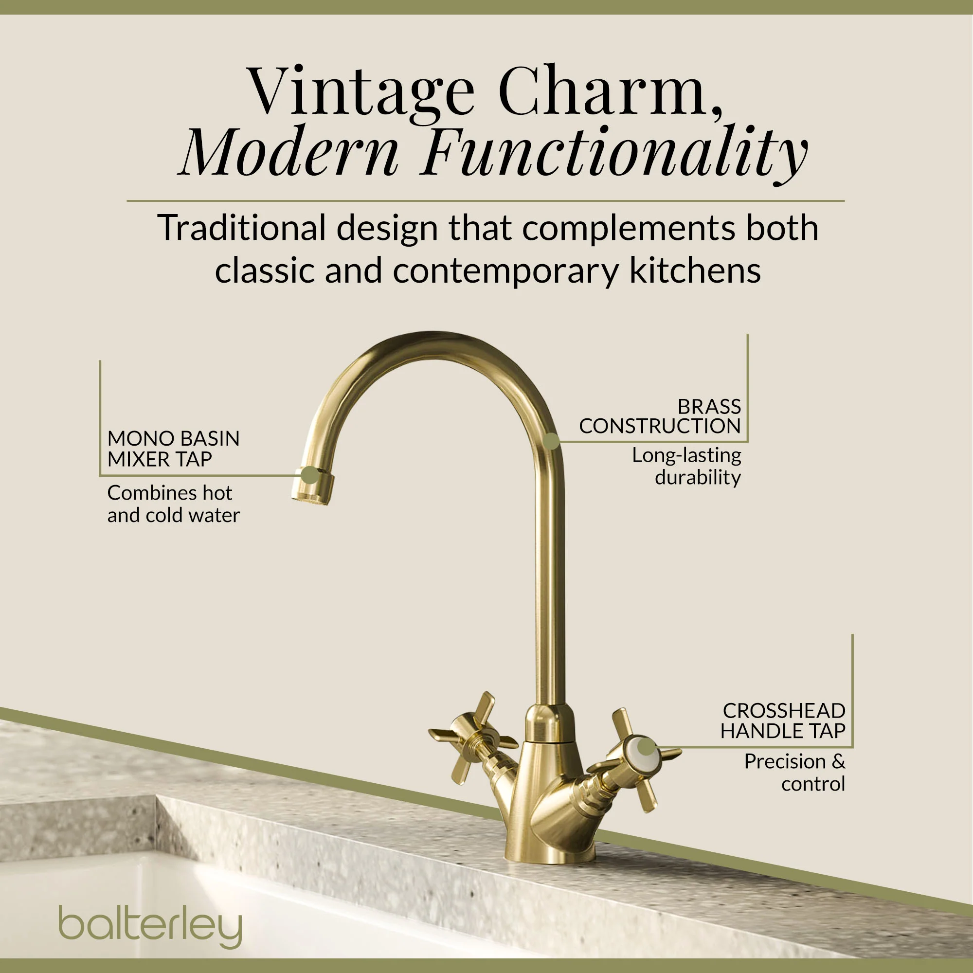 Traditional Mono Mixer Kitchen Tap - Multiple Handle and Finish Options Available - Image 32