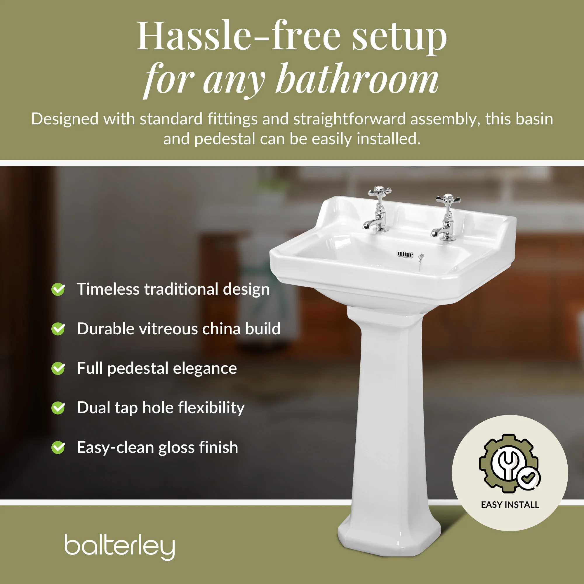 Traditional White 2 Tap Hole Bathroom Basin & Full Pedestal – 560mm - Image 3