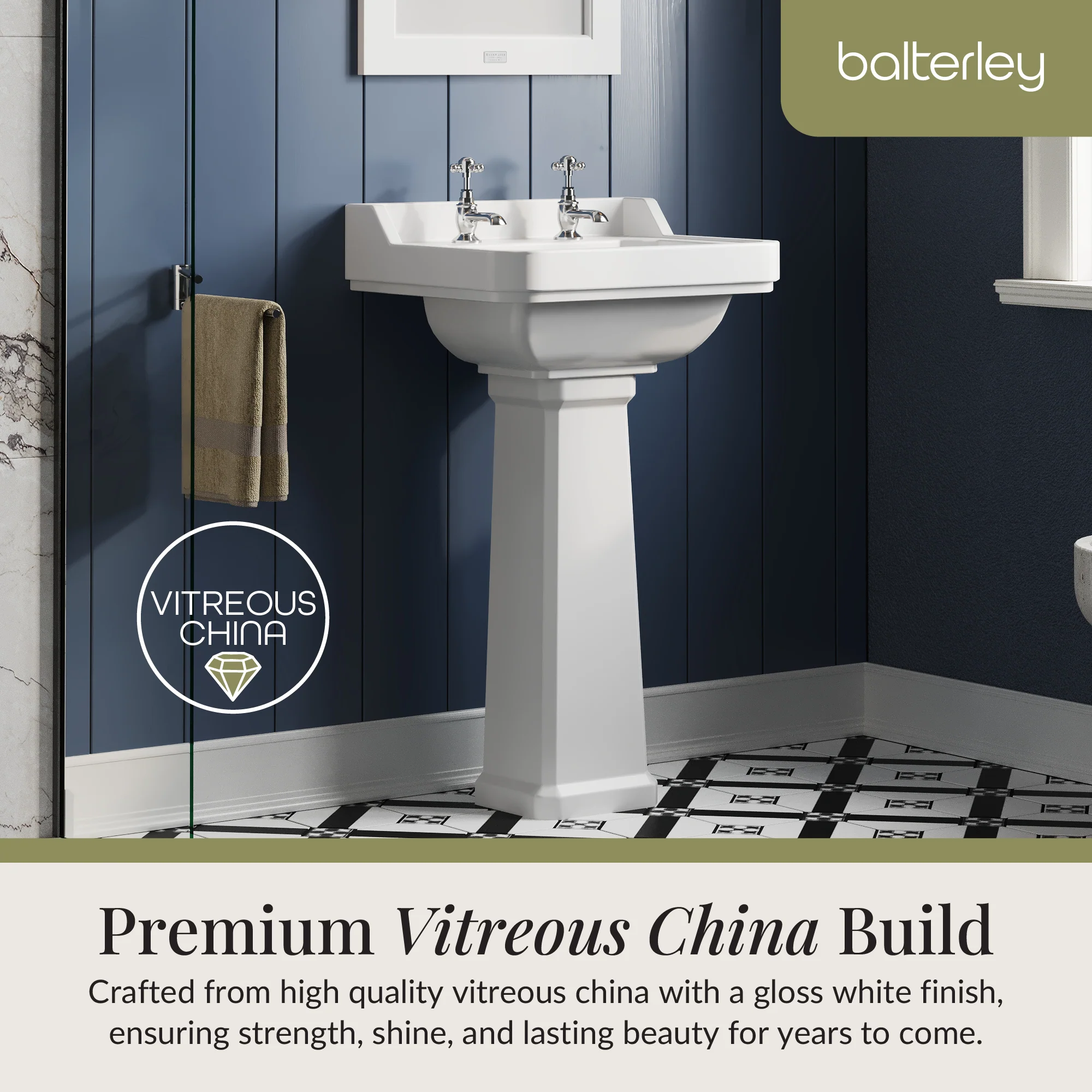 Traditional White 2 Tap Hole Bathroom Basin & Full Pedestal – 560mm - Image 4