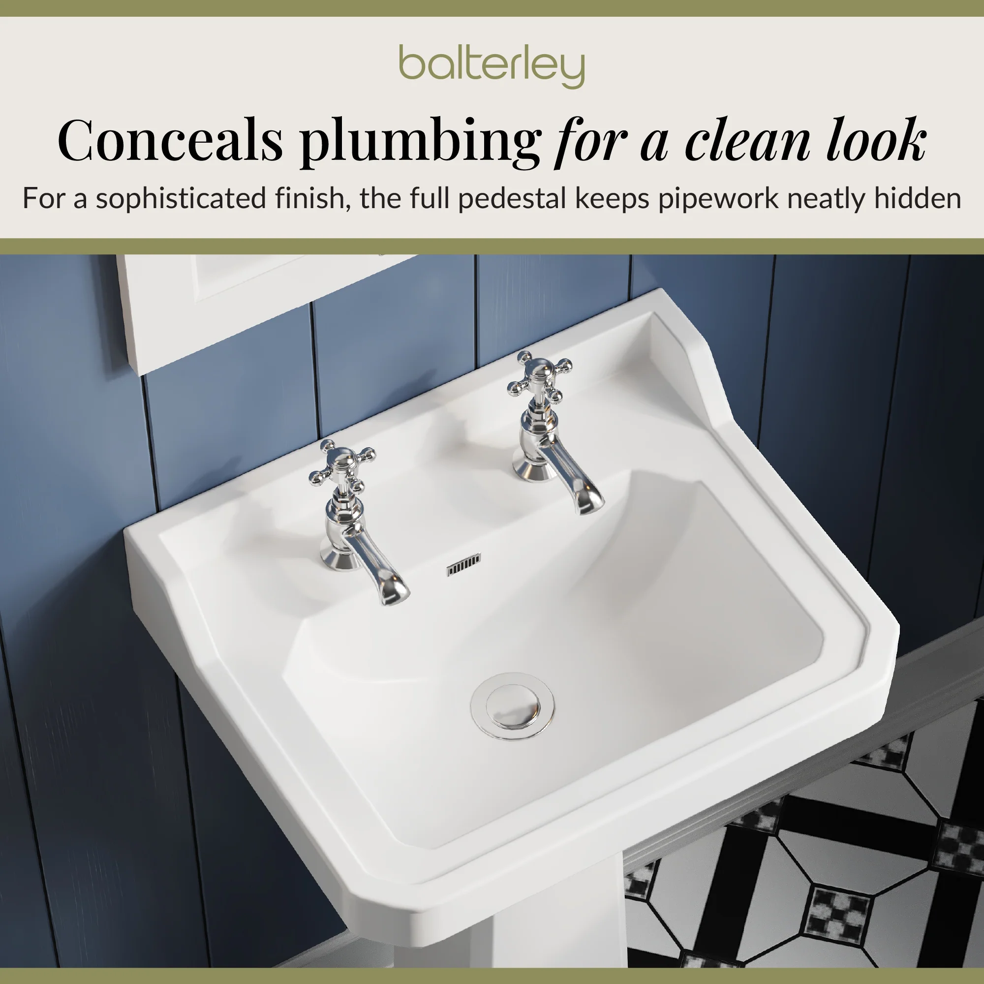 Traditional White 2 Tap Hole Bathroom Basin & Full Pedestal – 560mm - Image 5